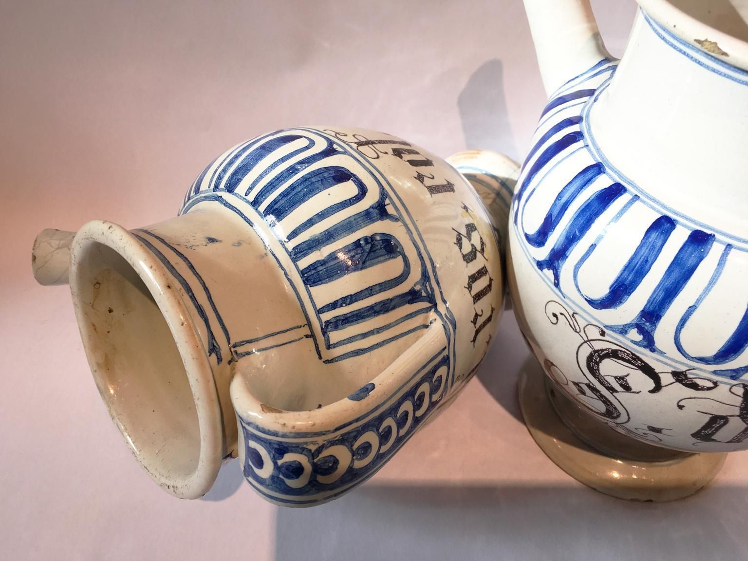 Italy Mid 18th Century Pair Of Ceramic Carafes In White And Blue For Pharmacy photo vintage