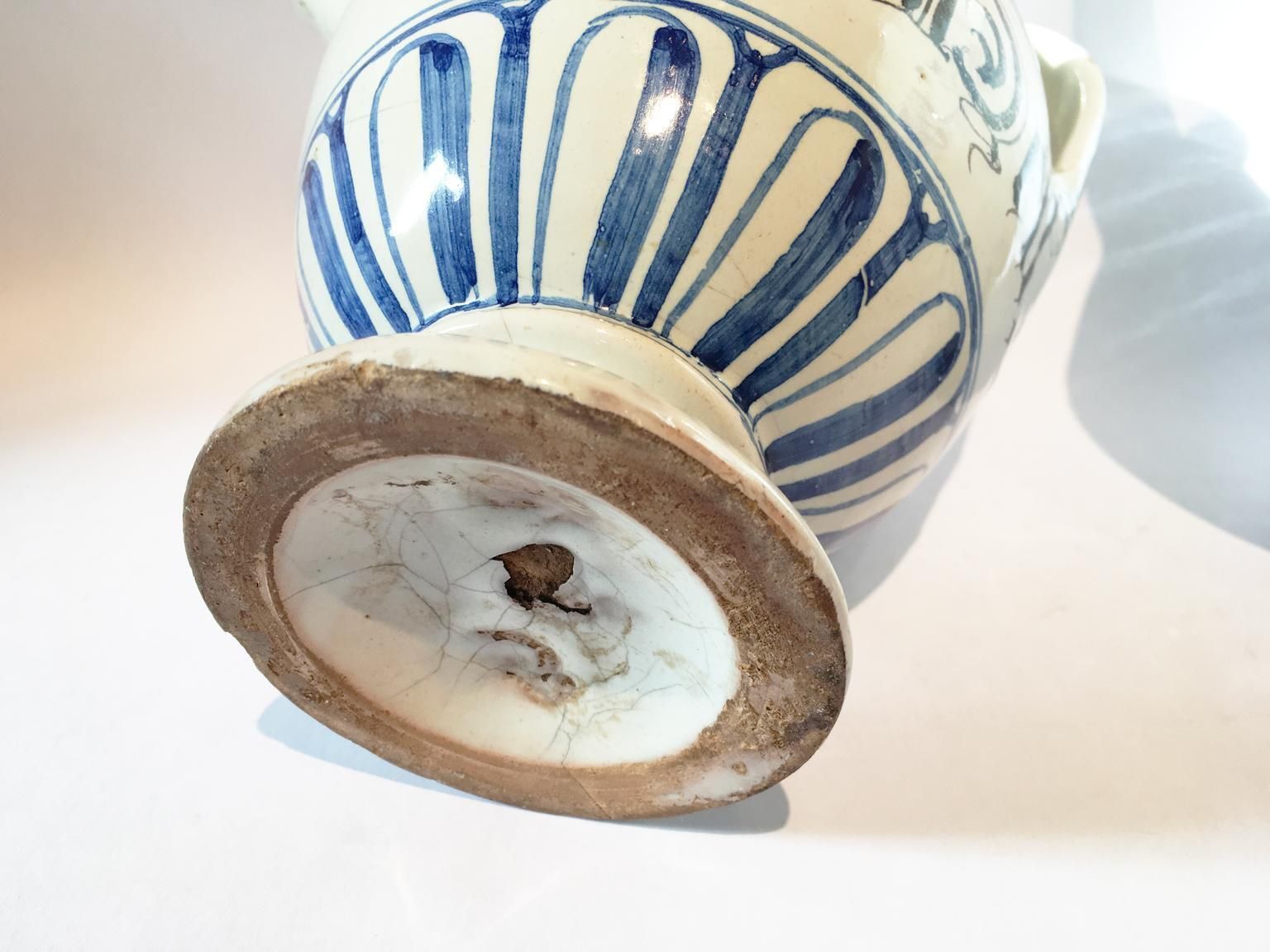 photo for sale Italy Mid 18th Century Pair Of Ceramic Carafes In White And Blue For Pharmacy