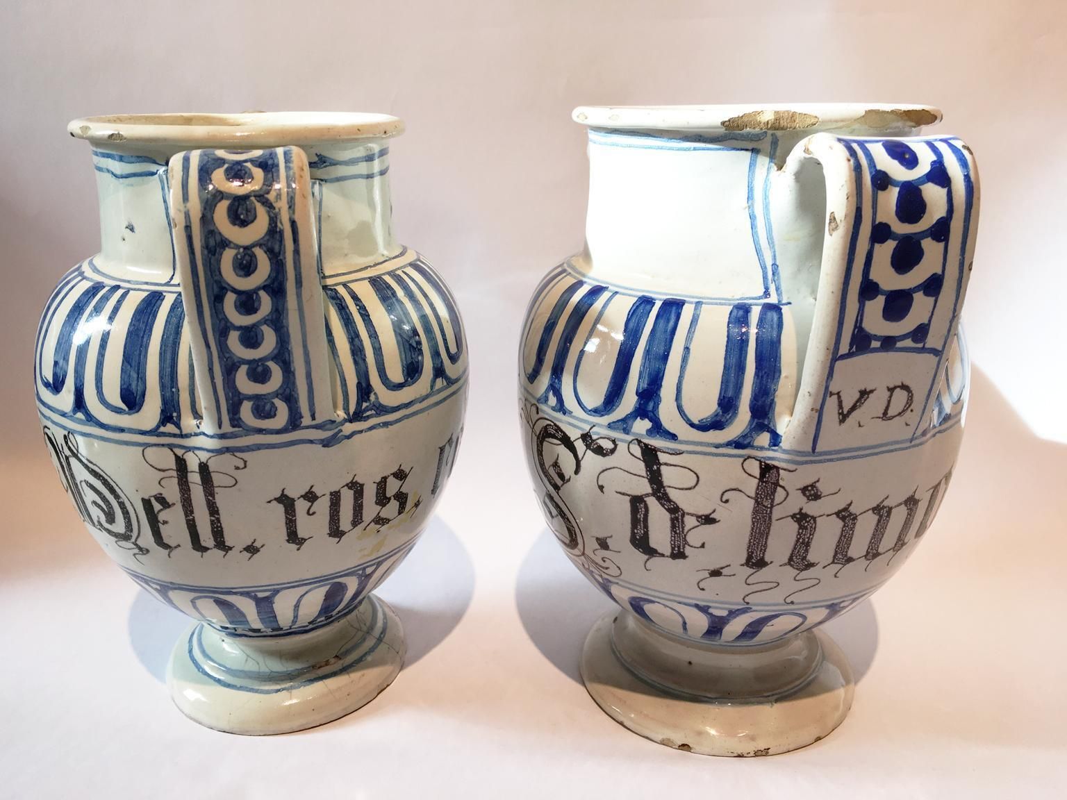 1361.0 Italy Mid 18th Century Pair Of Ceramic Carafes In White And Blue For Pharmacy photo