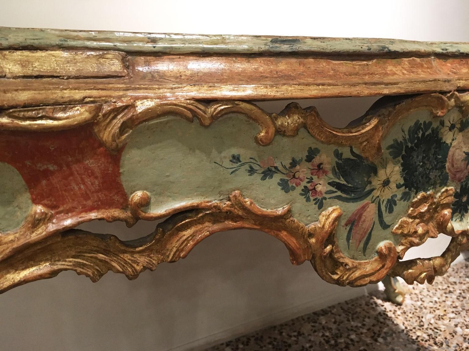 1750 Venezia Wooden Light Blue And Green Lacquered Engraved Console With Flowers photo vintage