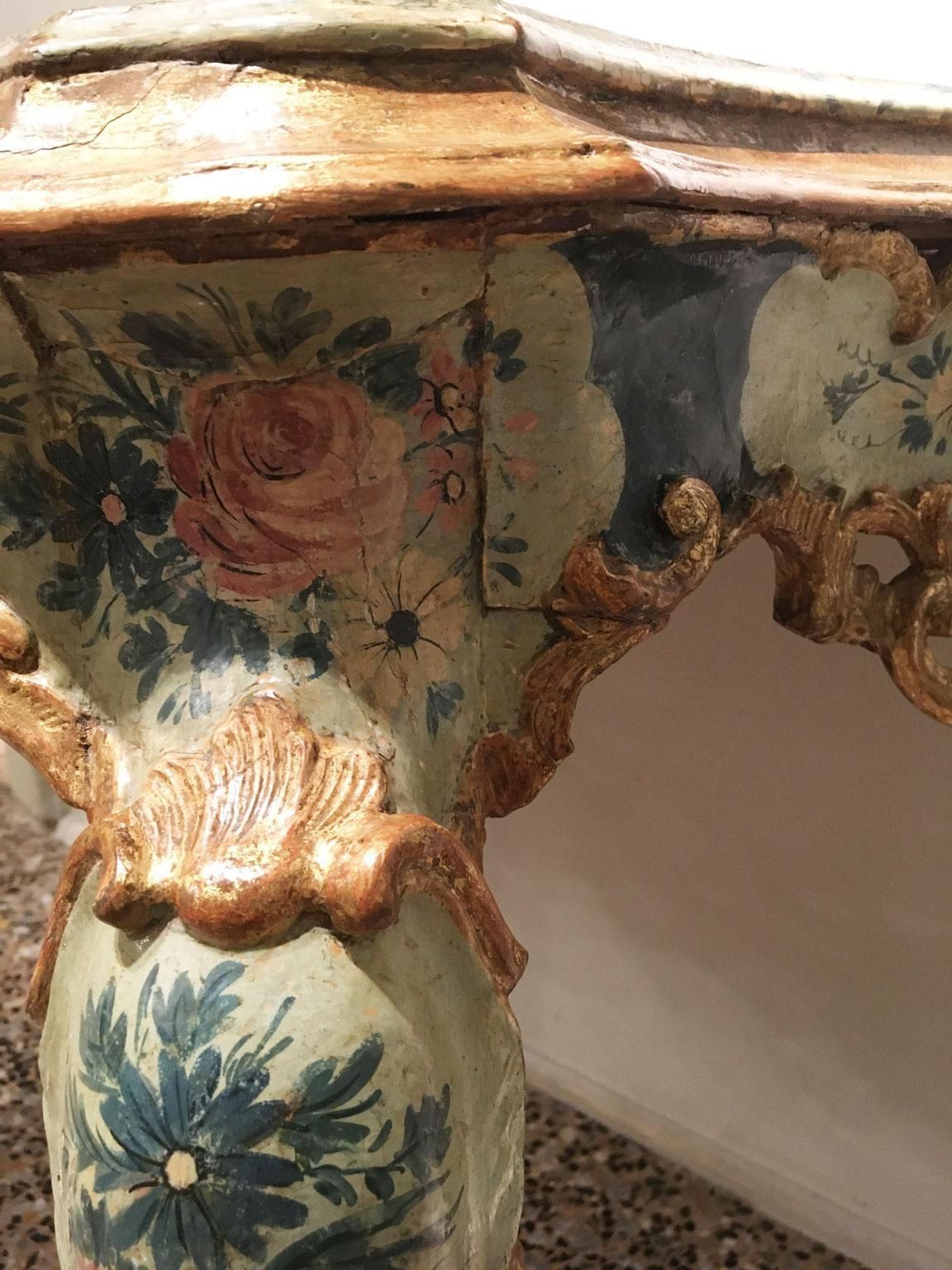 photo for sale 1750 Venezia Wooden Light Blue And Green Lacquered Engraved Console With Flowers