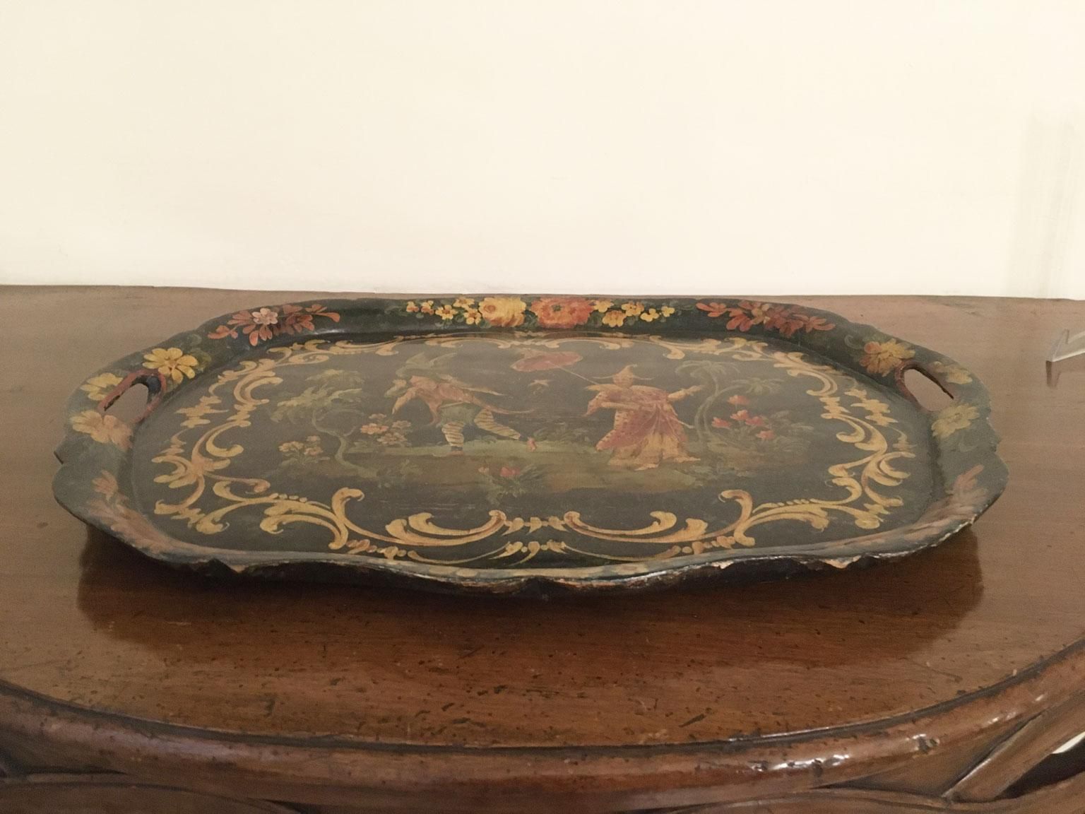 1750 Venezia Italy Green Lacquered Wooden Tray With Chinese Figures photo furniture