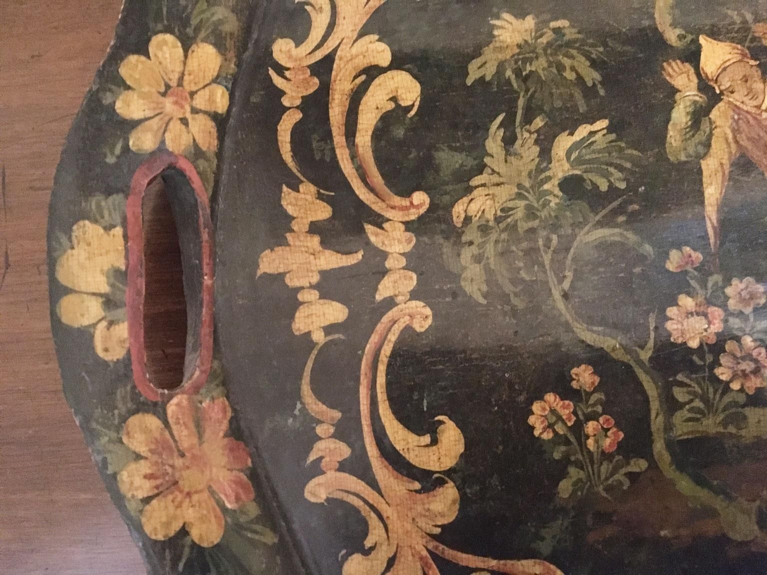 1750 Venezia Italy Green Lacquered Wooden Tray With Chinese Figures photo vinterior