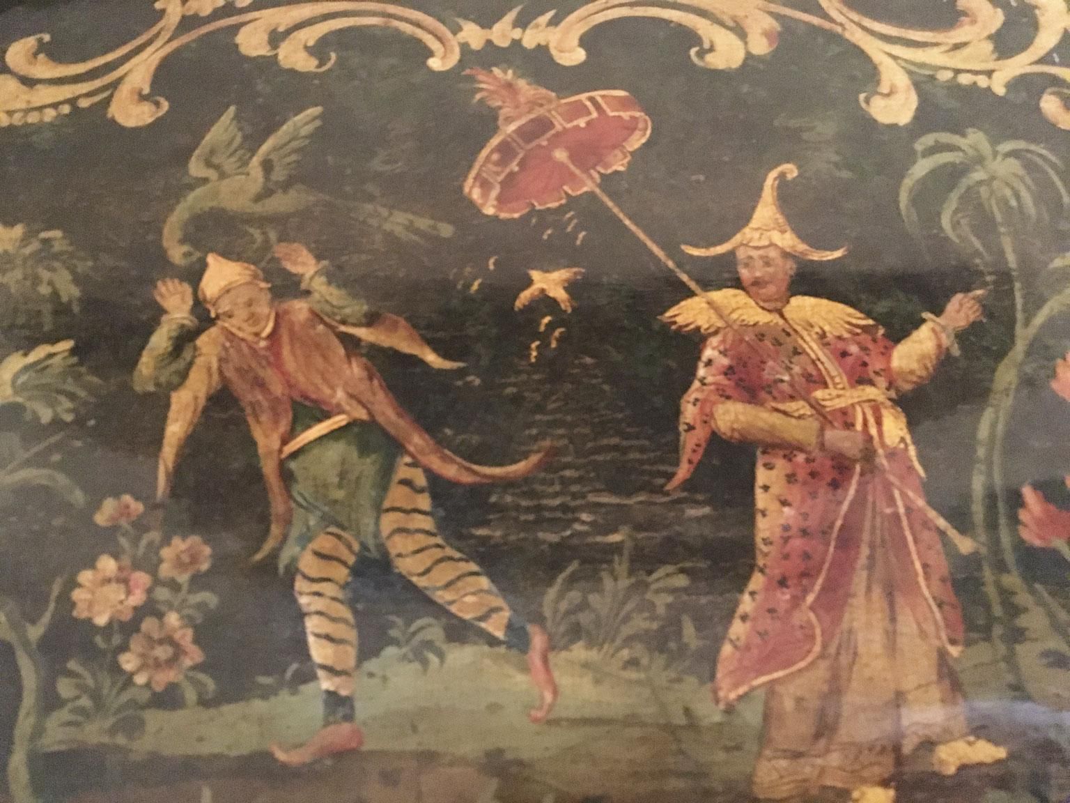 1750 Venezia Italy Green Lacquered Wooden Tray With Chinese Figures photo vintage