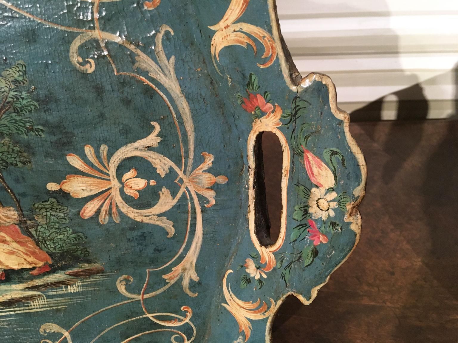 1750 Venezia Italy Blue Lacquered  Wooden Tray With Rural Scenes And Flowers photo vinterior