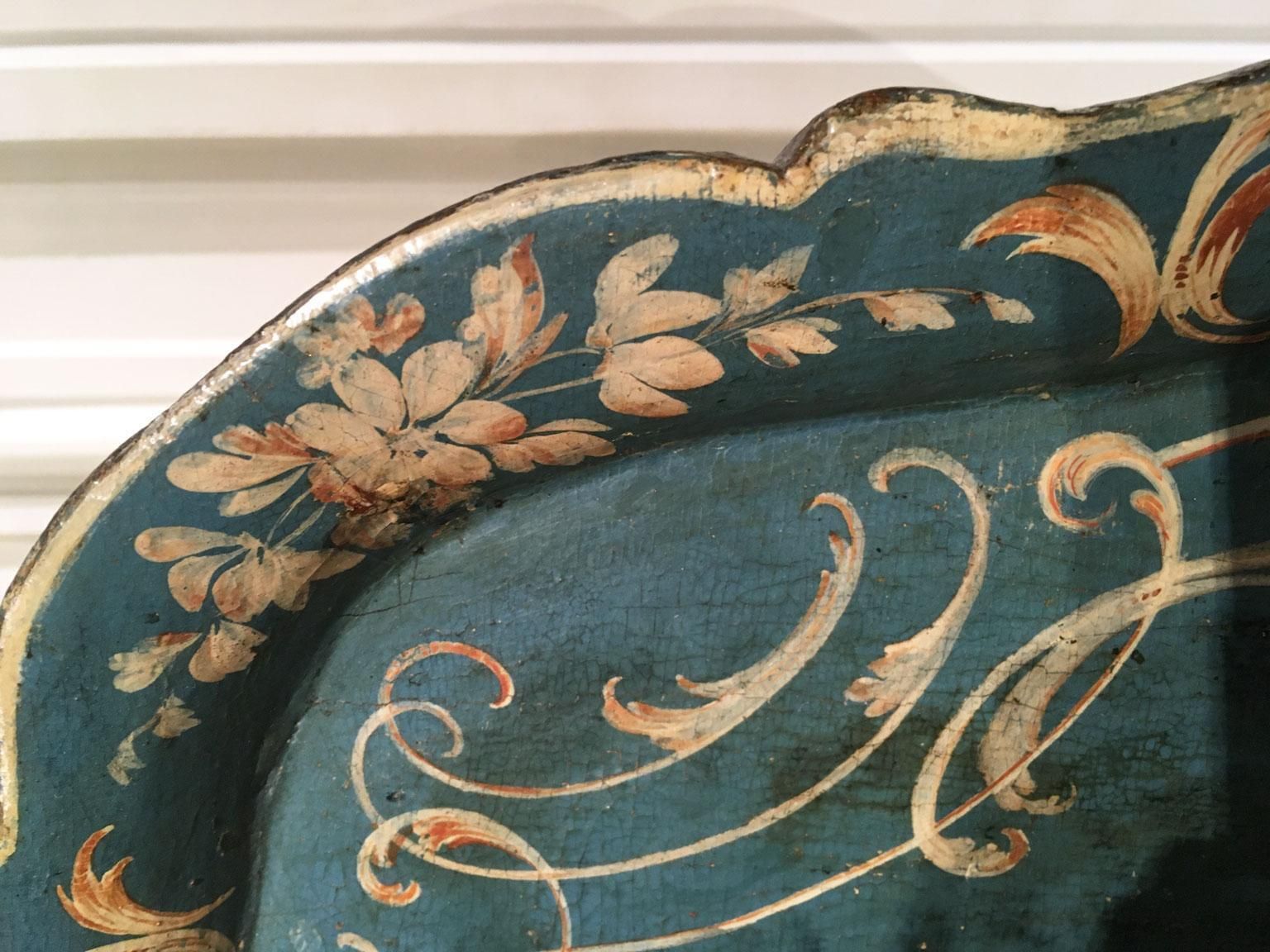 photo for sale 1750 Venezia Italy Blue Lacquered  Wooden Tray With Rural Scenes And Flowers