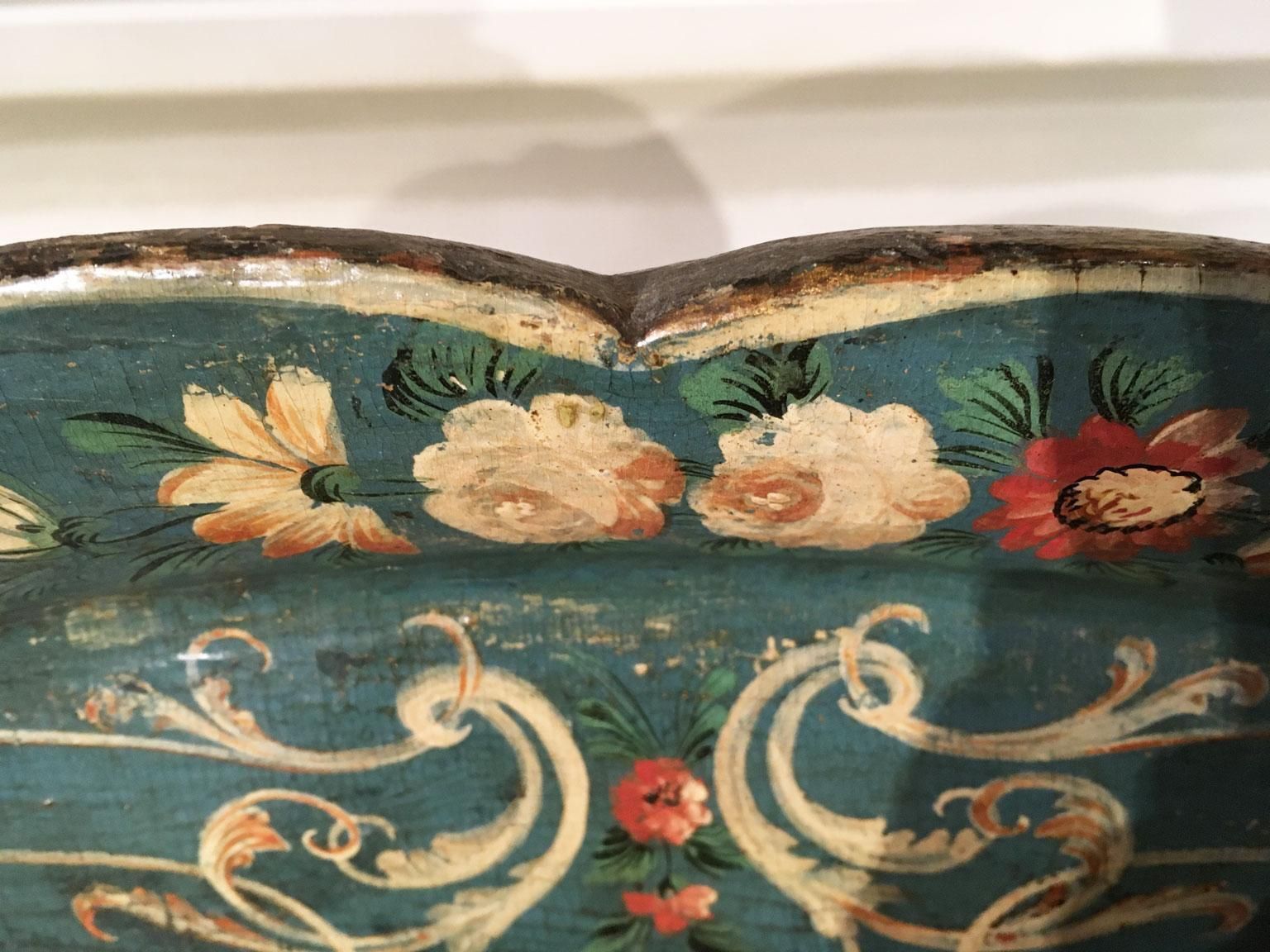 Home Decor 1750 Venezia Italy Blue Lacquered  Wooden Tray With Rural Scenes And Flowers photo