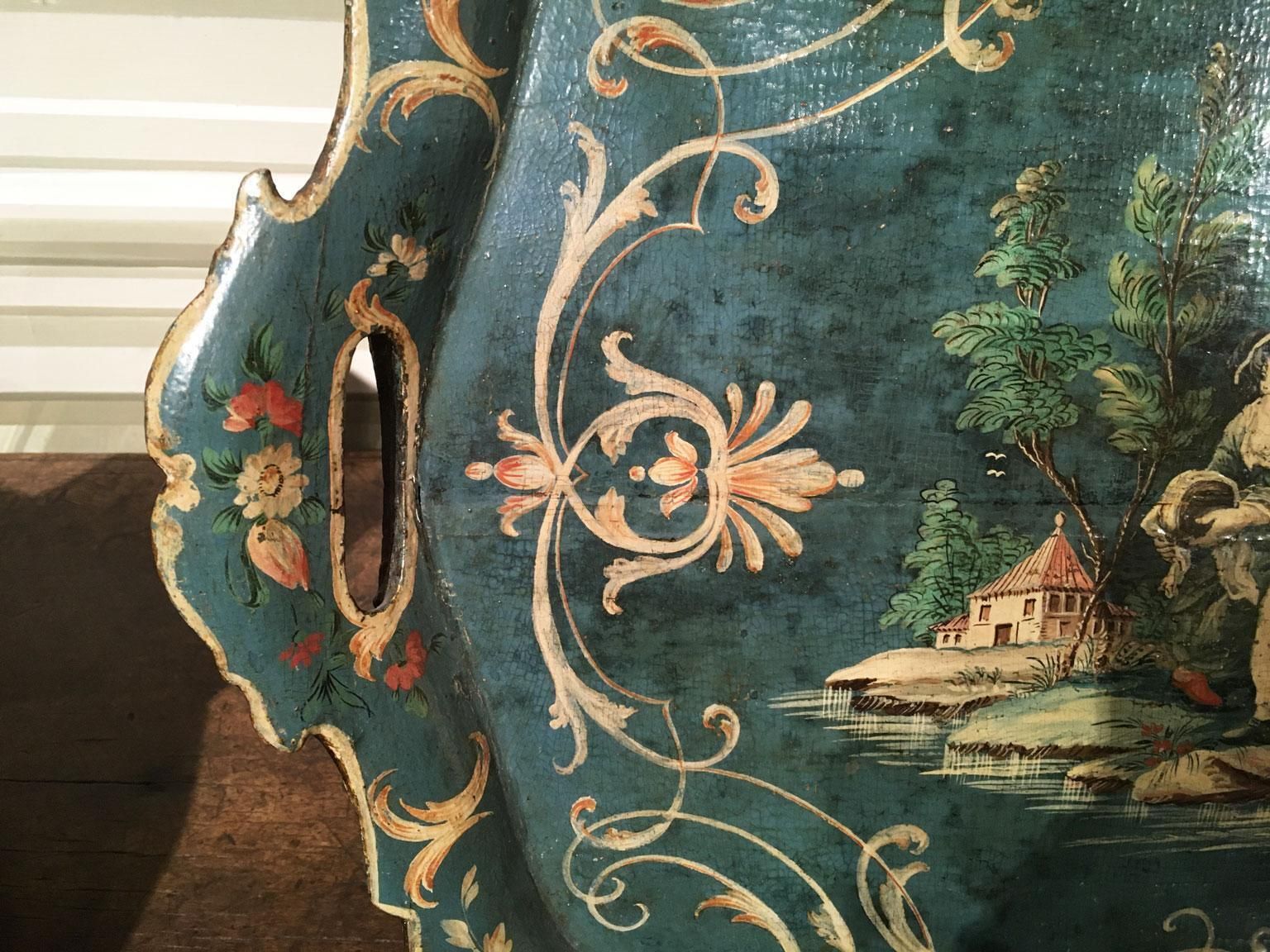 25519.0 1750 Venezia Italy Blue Lacquered  Wooden Tray With Rural Scenes And Flowers photo