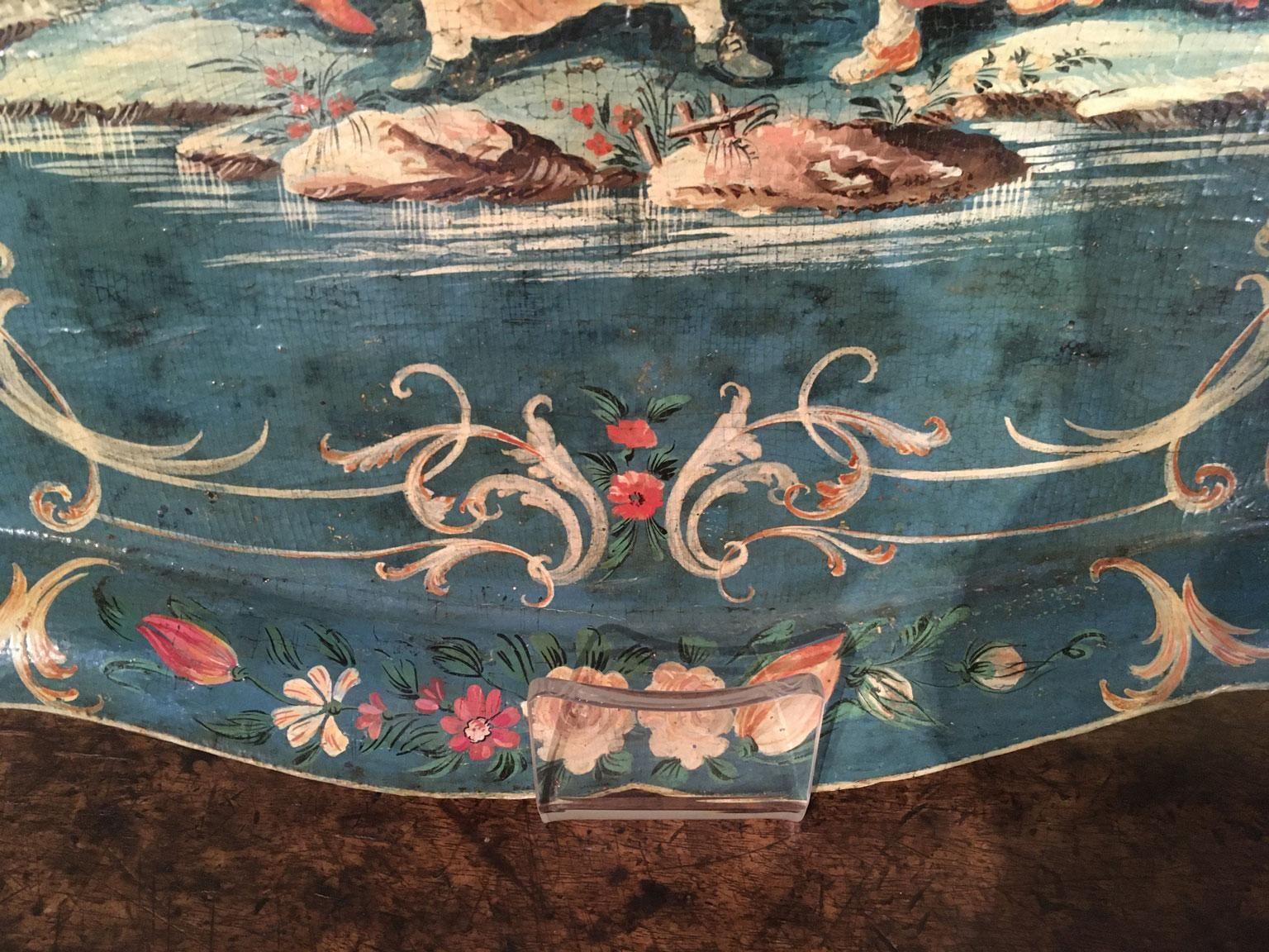 photo vinterior 1750 Venezia Italy Blue Lacquered  Wooden Tray With Rural Scenes And Flowers