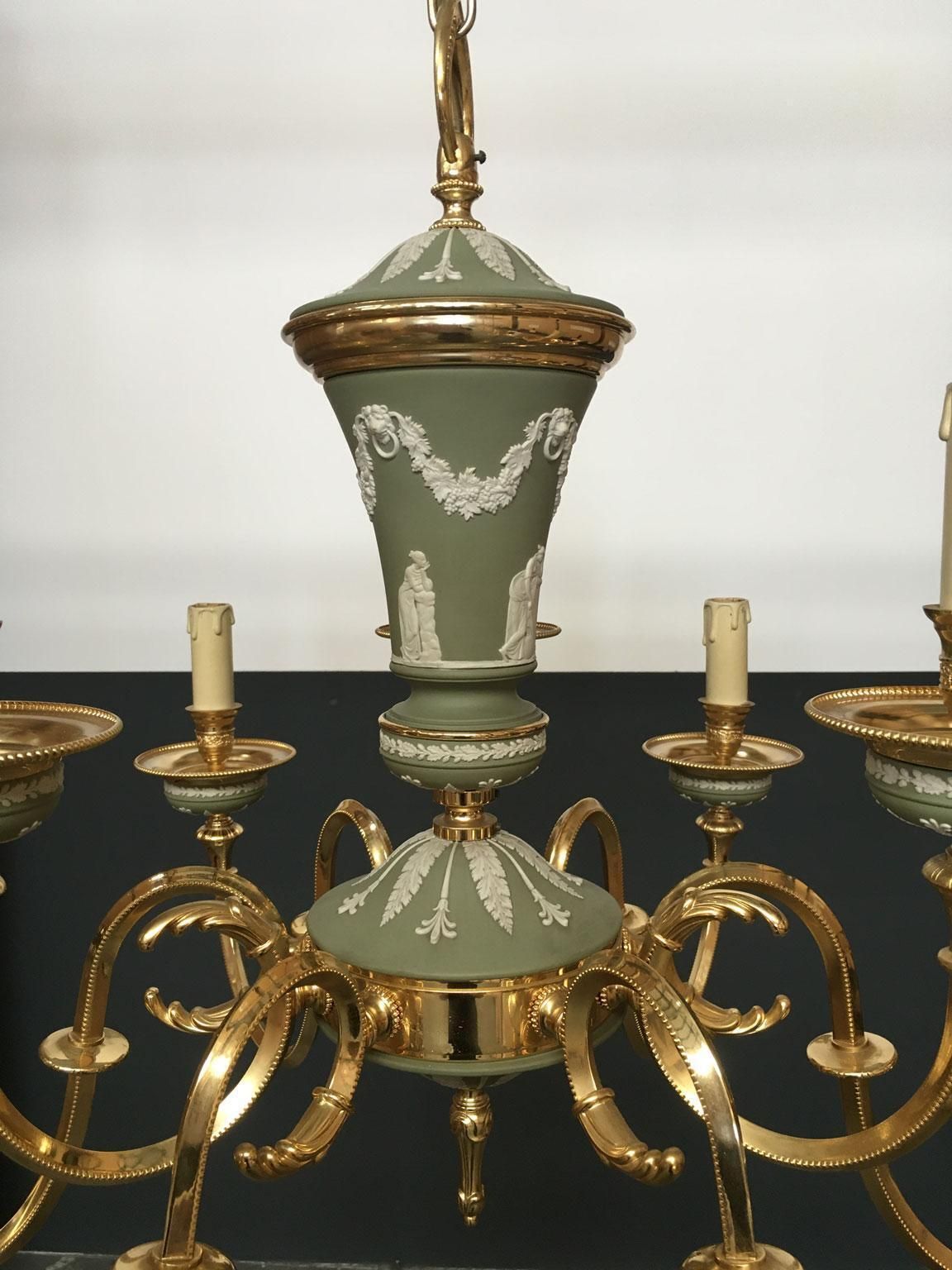 1970 Italy Hollywood Regency Style Green Porcelain And Brass Chandelier 9 Lights photo buy