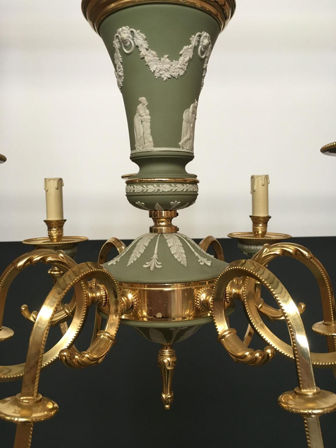 5784.0 1970 Italy Hollywood Regency Style Green Porcelain And Brass Chandelier 9 Lights photo