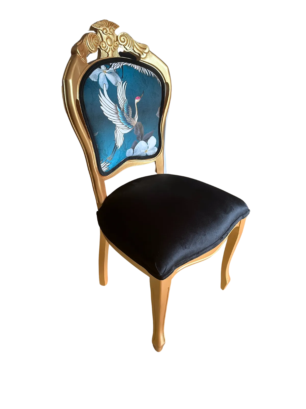 Luxury Gold Leaf Paint French Louis XV Style Chairs – Black Velvet & Crane Detail (Set Of 2) photo 795.0