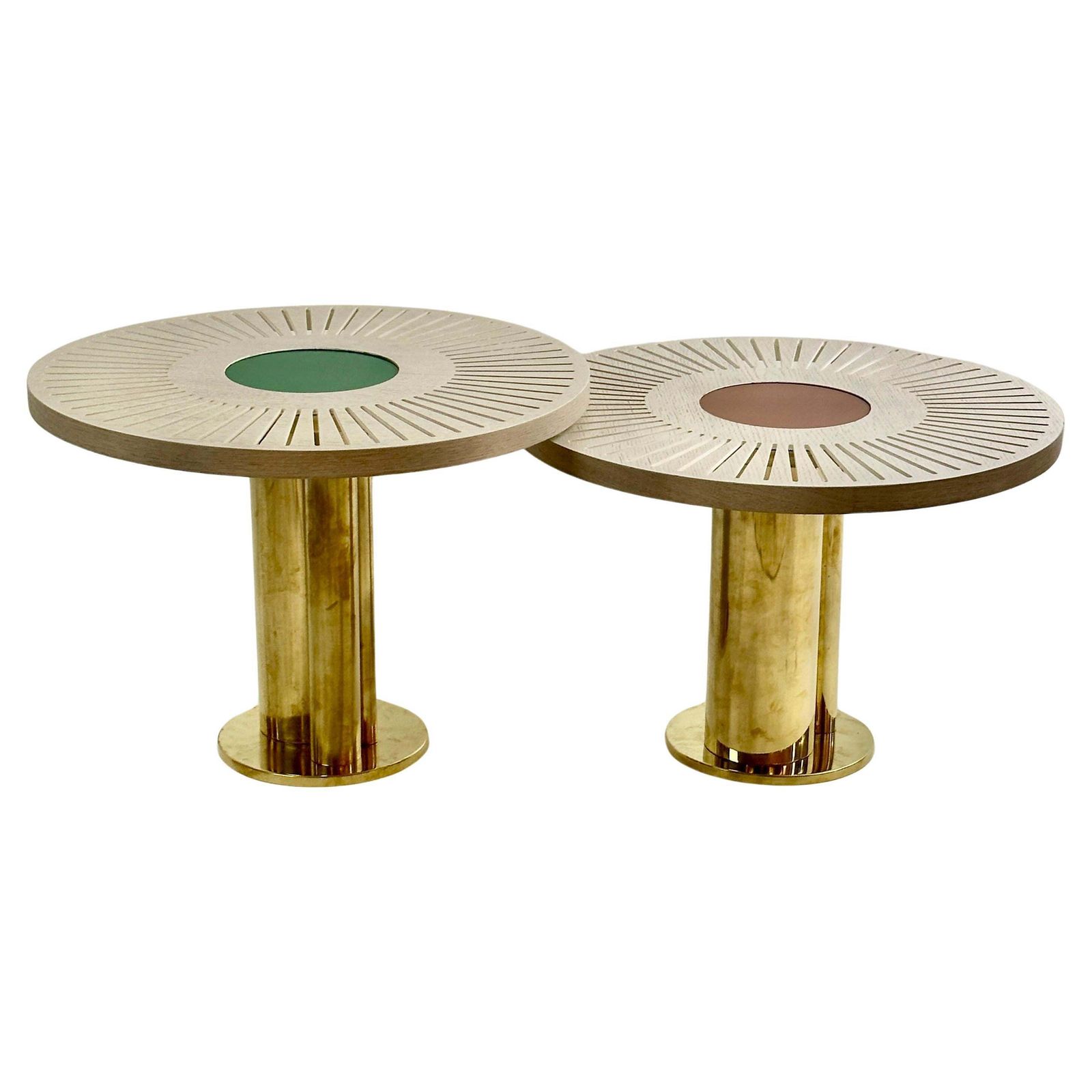 Late 20th Century Pair Of Round Ash Wood W/ Opaline Glass & Brass Coffee Tables