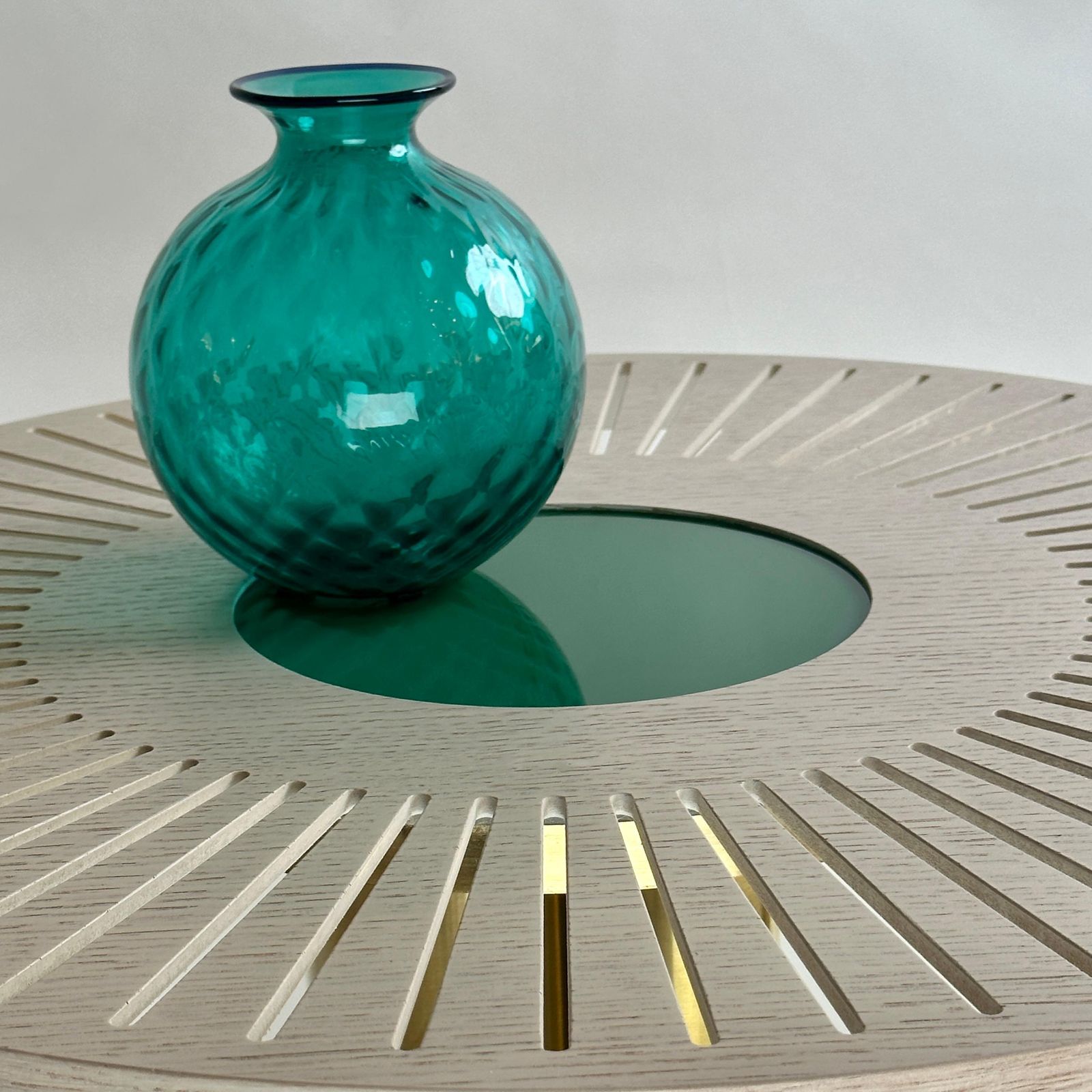 photo furniture Late 20th Century Pair Of Round Ash Wood W/ Opaline Glass & Brass Coffee Tables