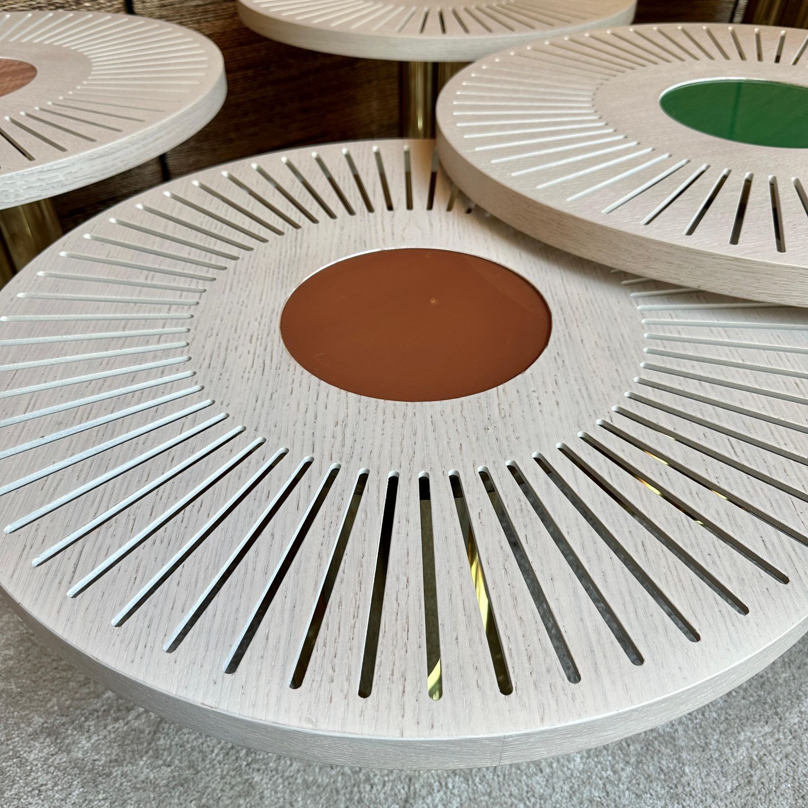6295.0 Late 20th Century Pair Of Round Ash Wood W/ Opaline Glass & Brass Coffee Tables photo
