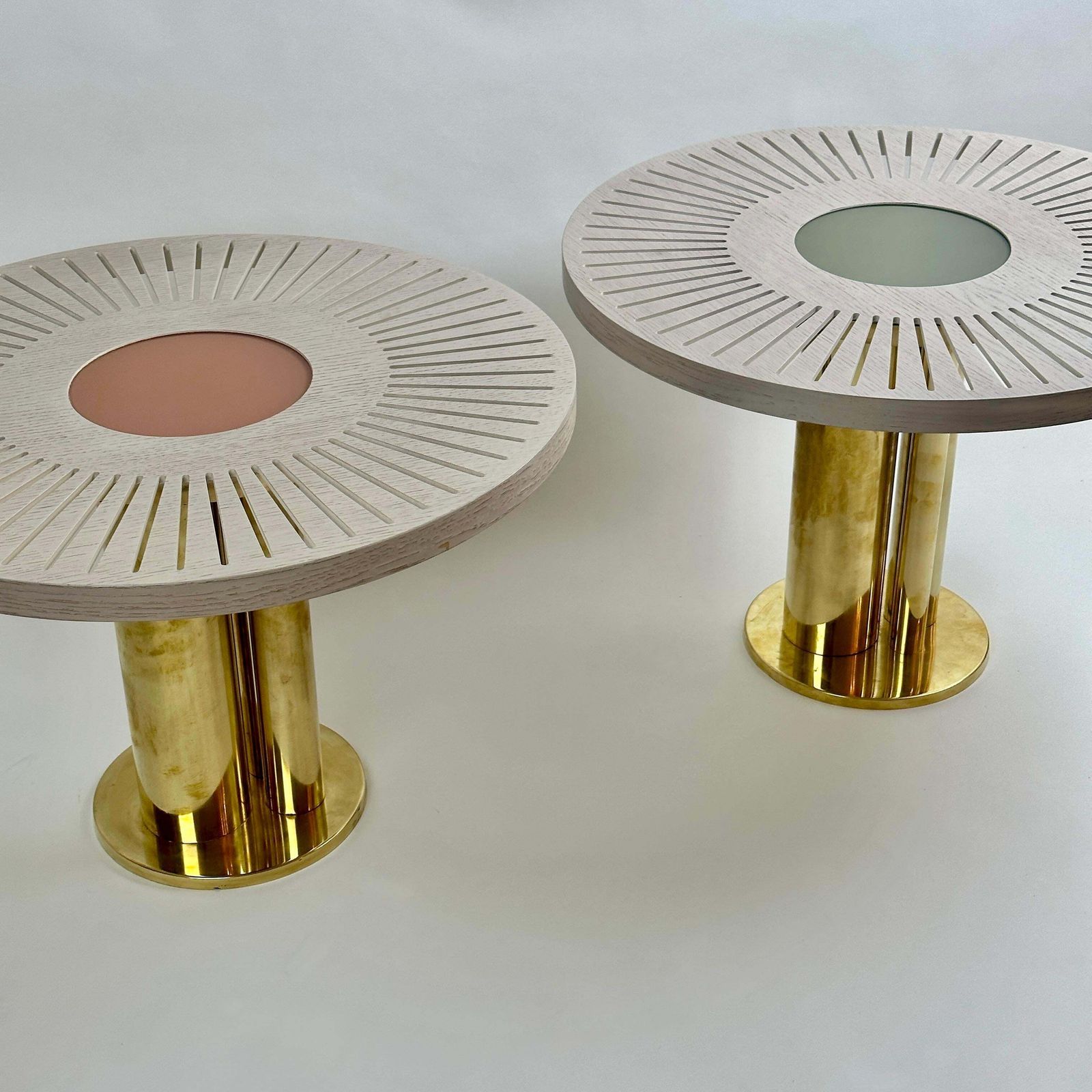 Late 20th Century Pair Of Round Ash Wood W/ Opaline Glass & Brass Side Tables photo for sale