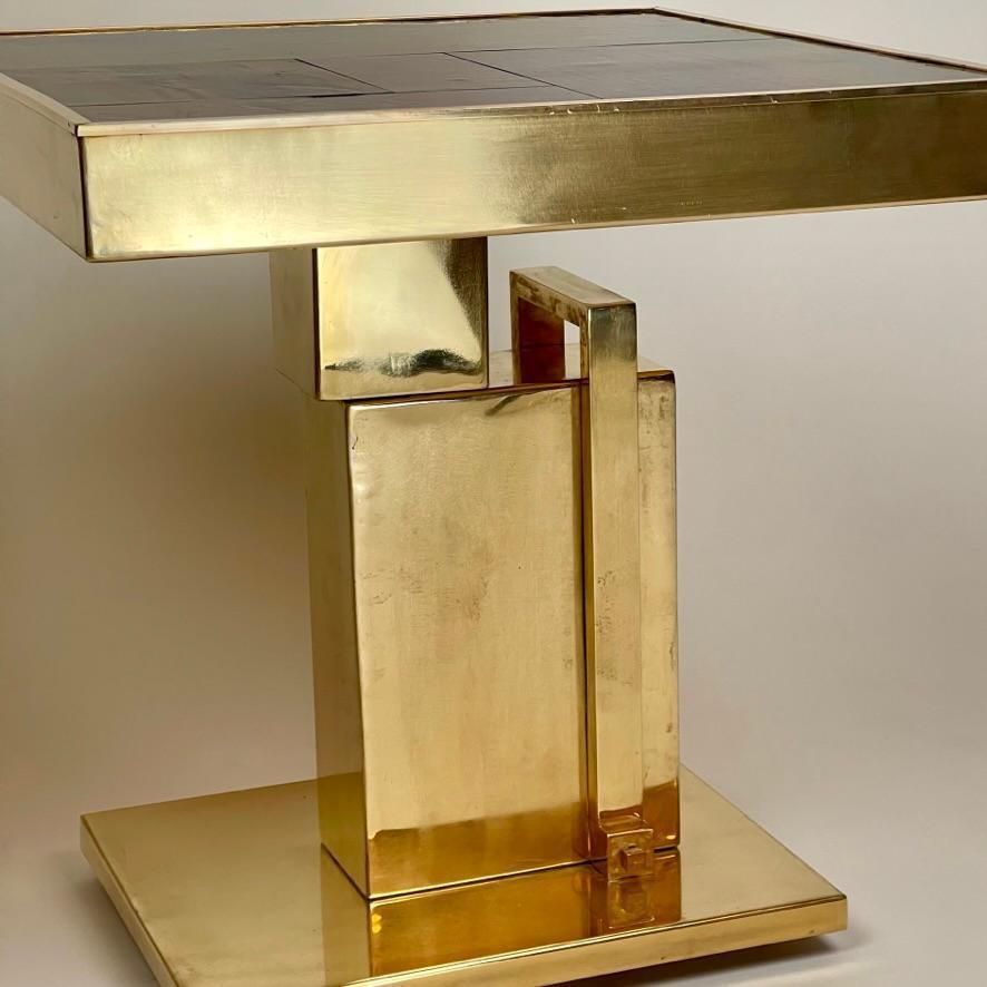 Late 20th Century Pair Of Squared Blue Murano Art Glass & Brass Side Tables photo vinterior