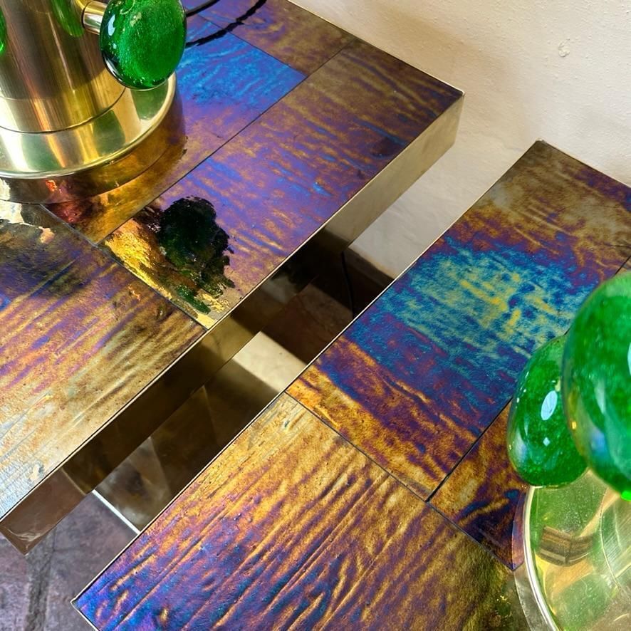 photo for sale Late 20th Century Pair Of Squared Blue Murano Art Glass & Brass Side Tables
