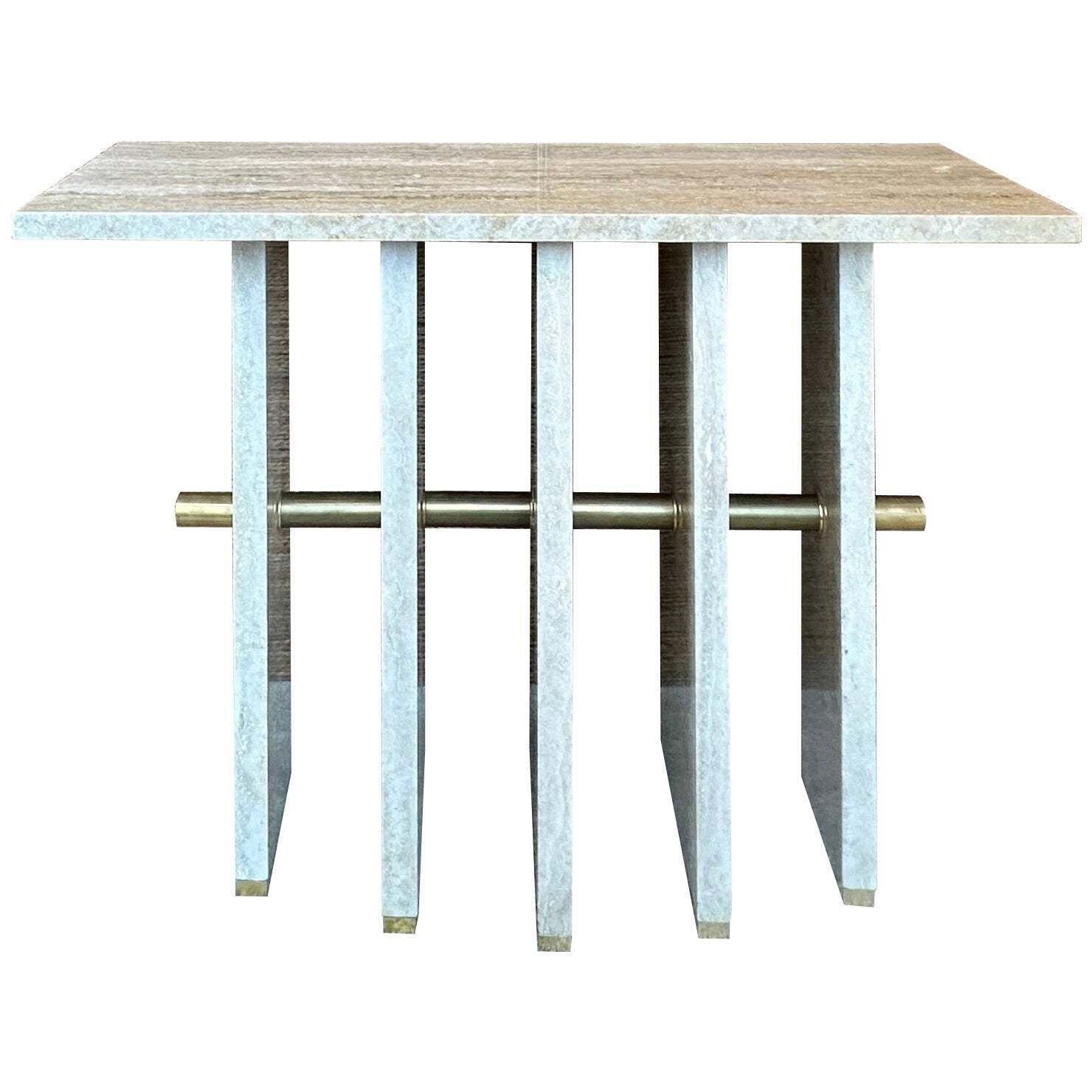 Late 20th Century Italian Travertine With Brass Details Console Table