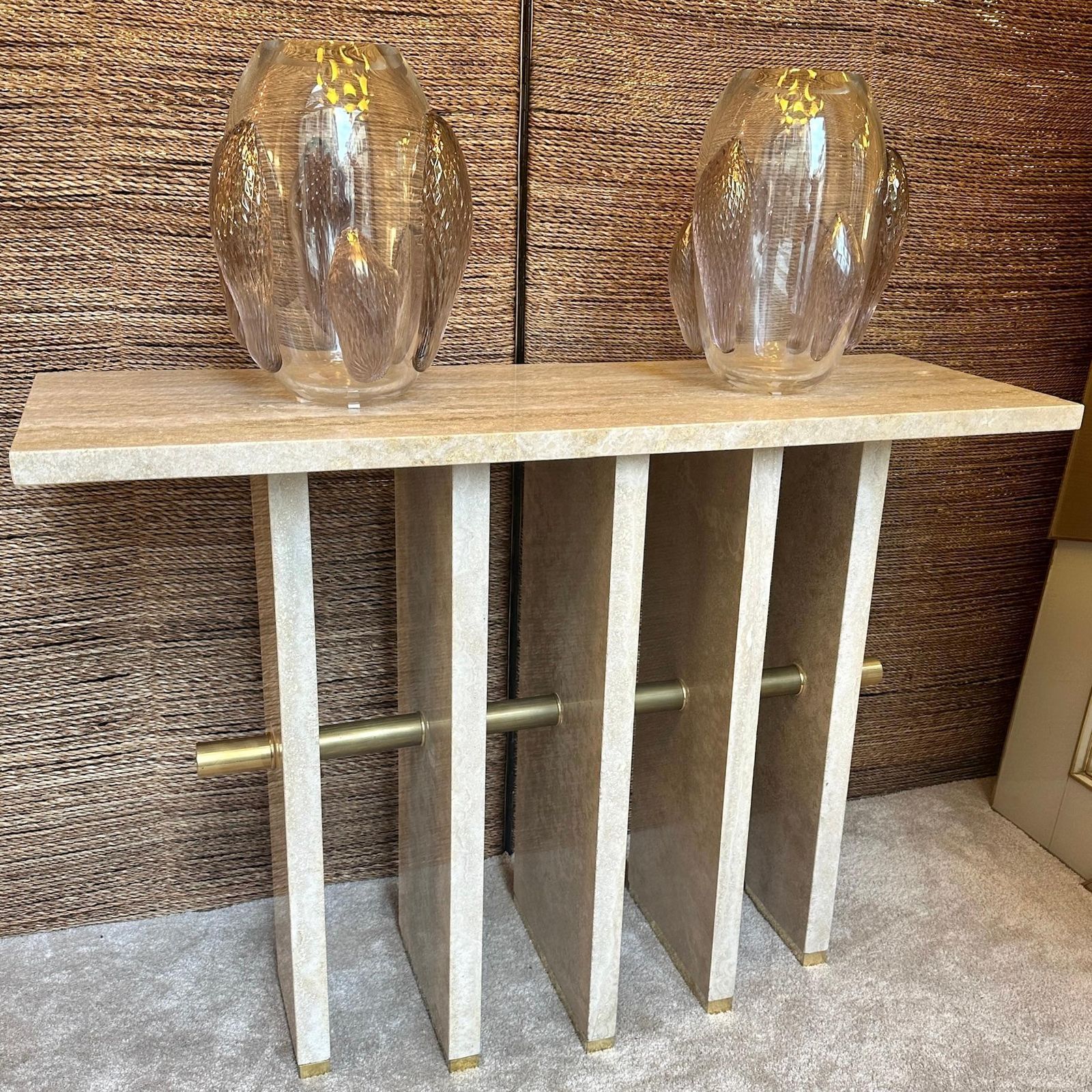 Late 20th Century Italian Travertine With Brass Details Console Table photo buy