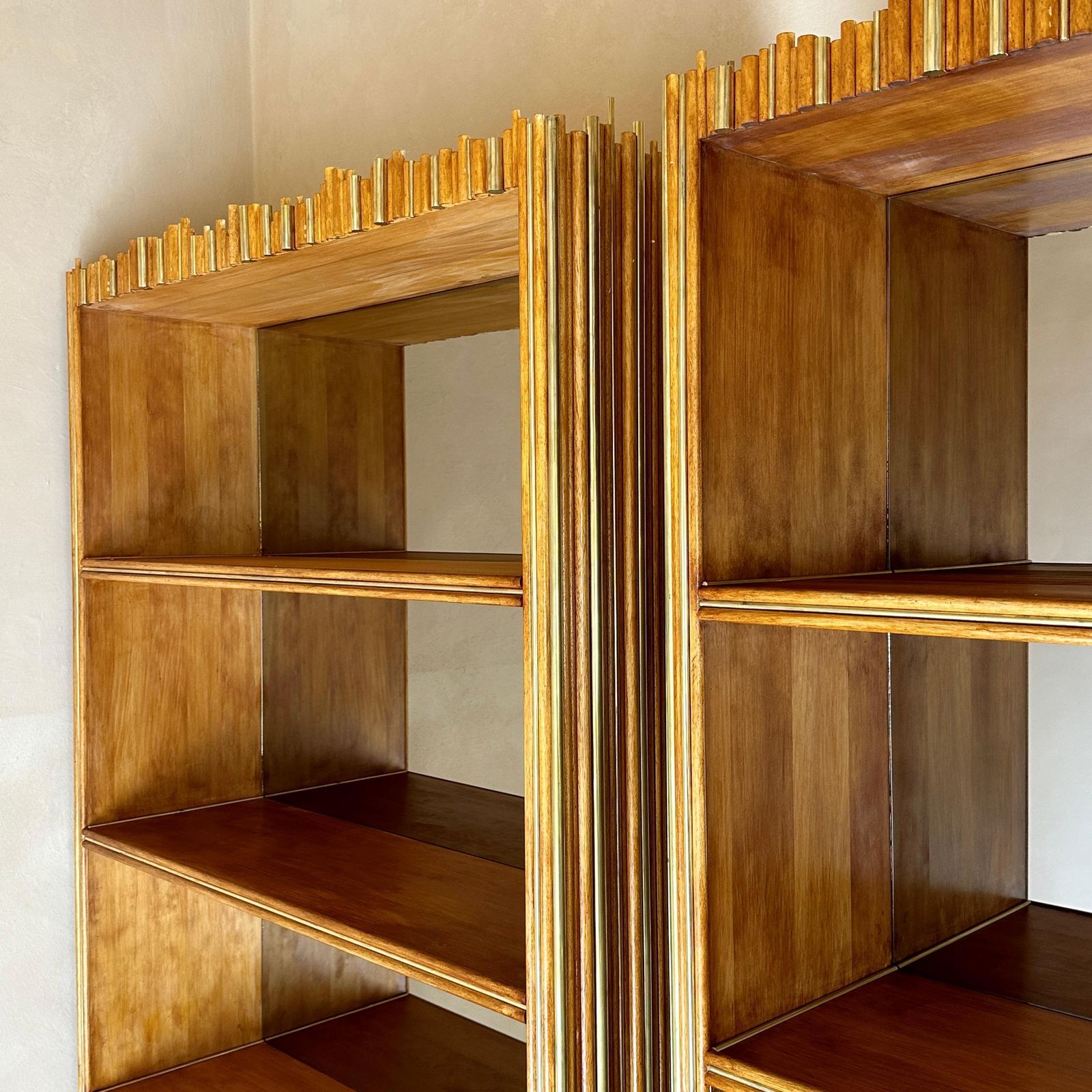 Late 20th Century Pair Of Wood & Brass Breadsticks Bookcases W/Bronzed Mirrors photo furniture