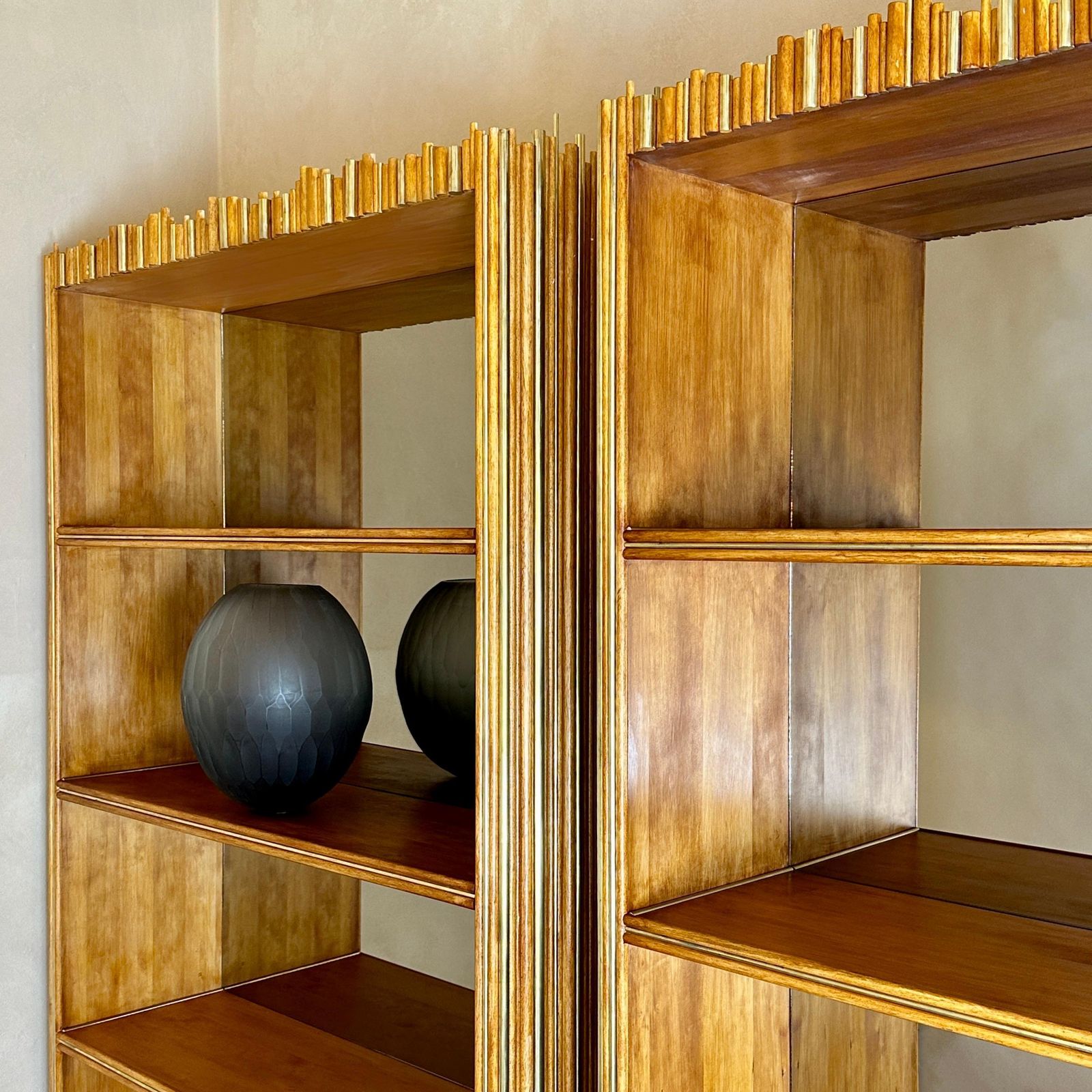 Late 20th Century Pair Of Wood & Brass Breadsticks Bookcases W/Bronzed Mirrors photo 12760.0