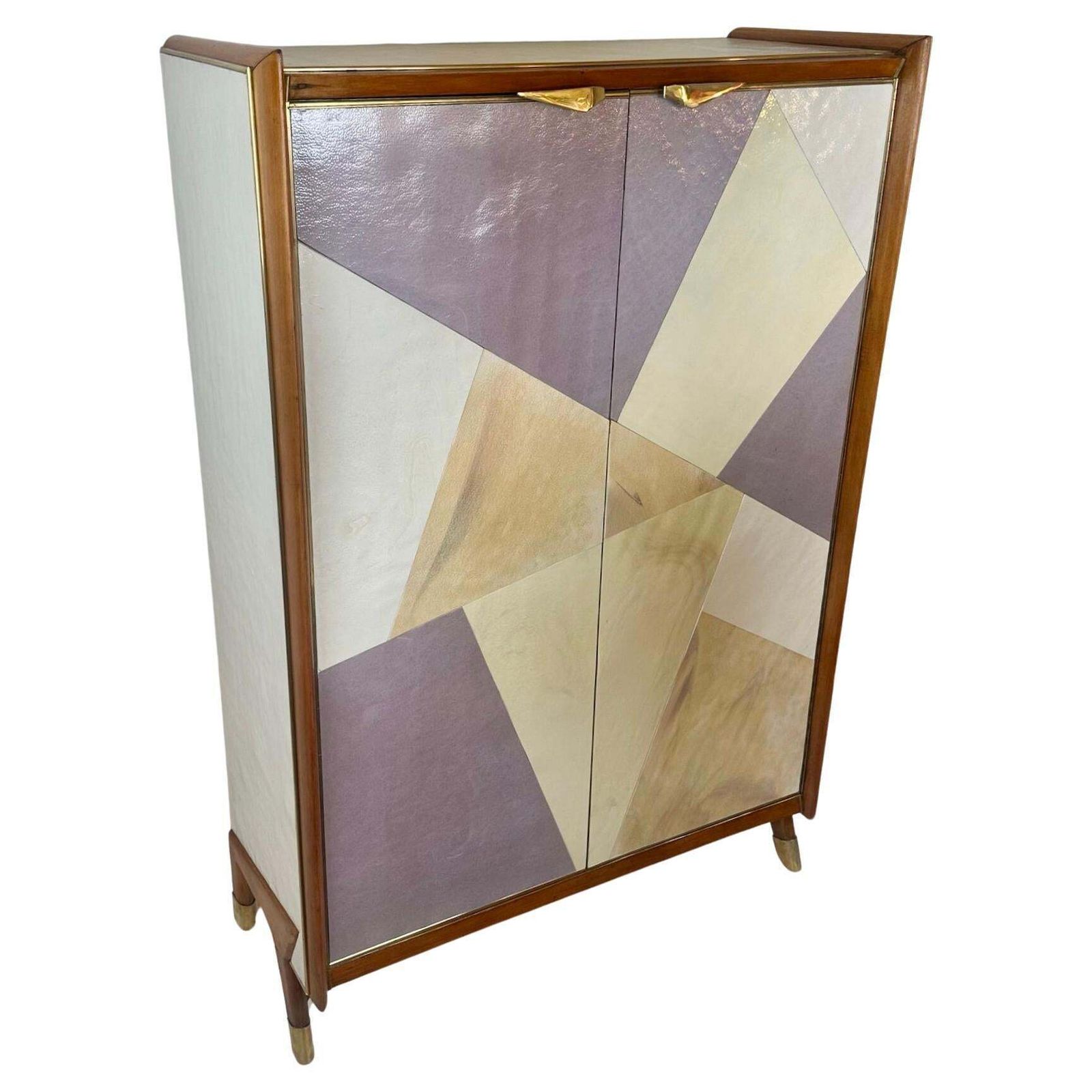 Mid Century Modern Beech Wood, Brass, Mirror & Murano Art Glass Dry Bar Cabinet