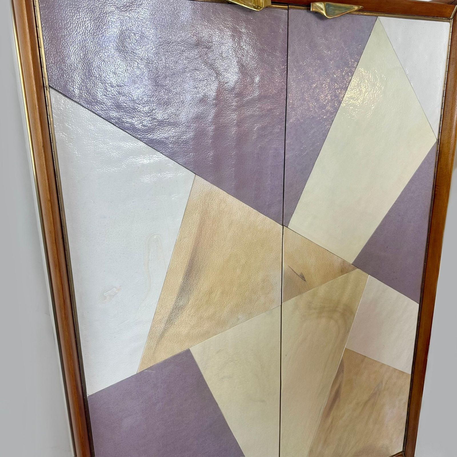 Mid Century Modern Beech Wood, Brass, Mirror & Murano Art Glass Dry Bar Cabinet photo for sale
