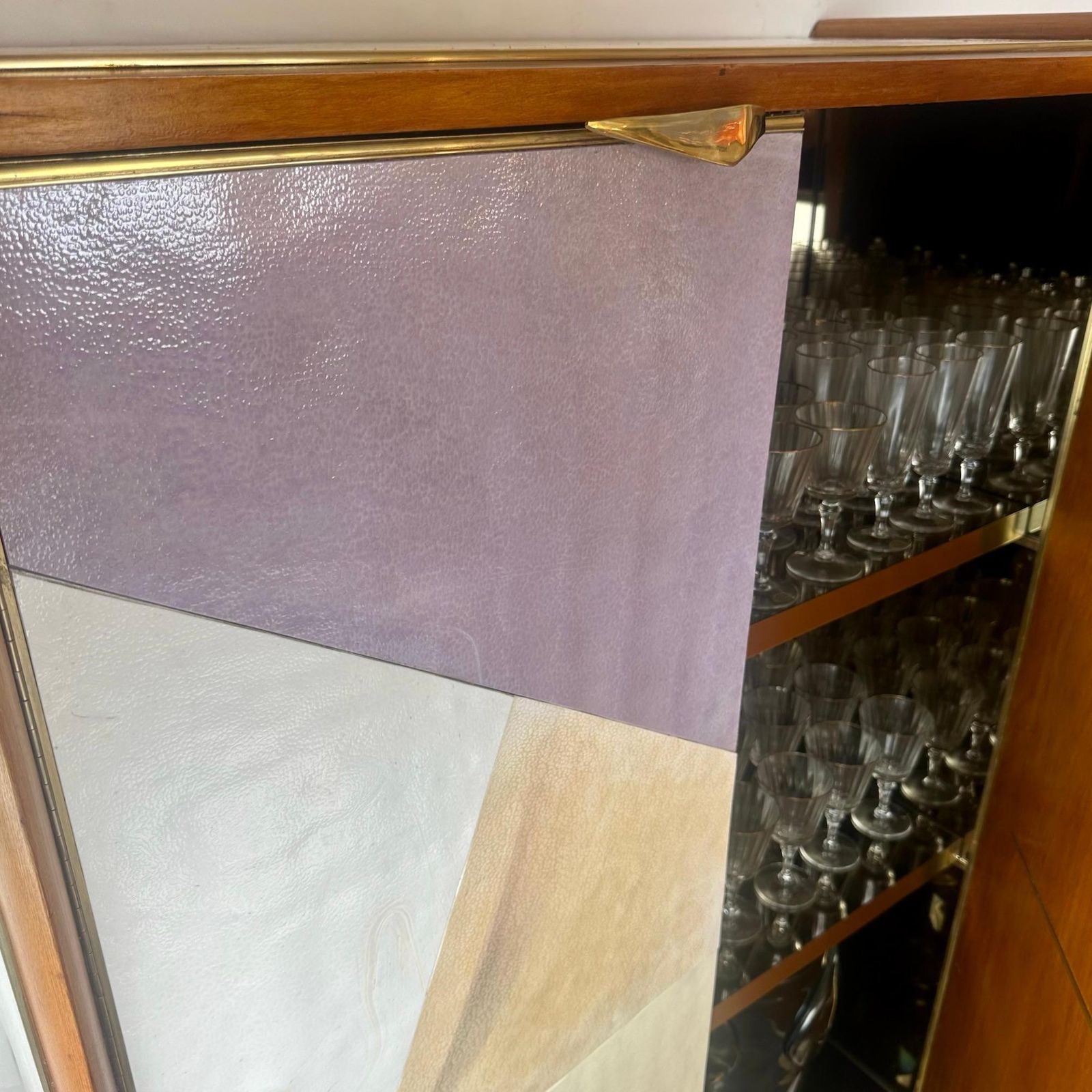 13610.0 Mid Century Modern Beech Wood, Brass, Mirror & Murano Art Glass Dry Bar Cabinet photo