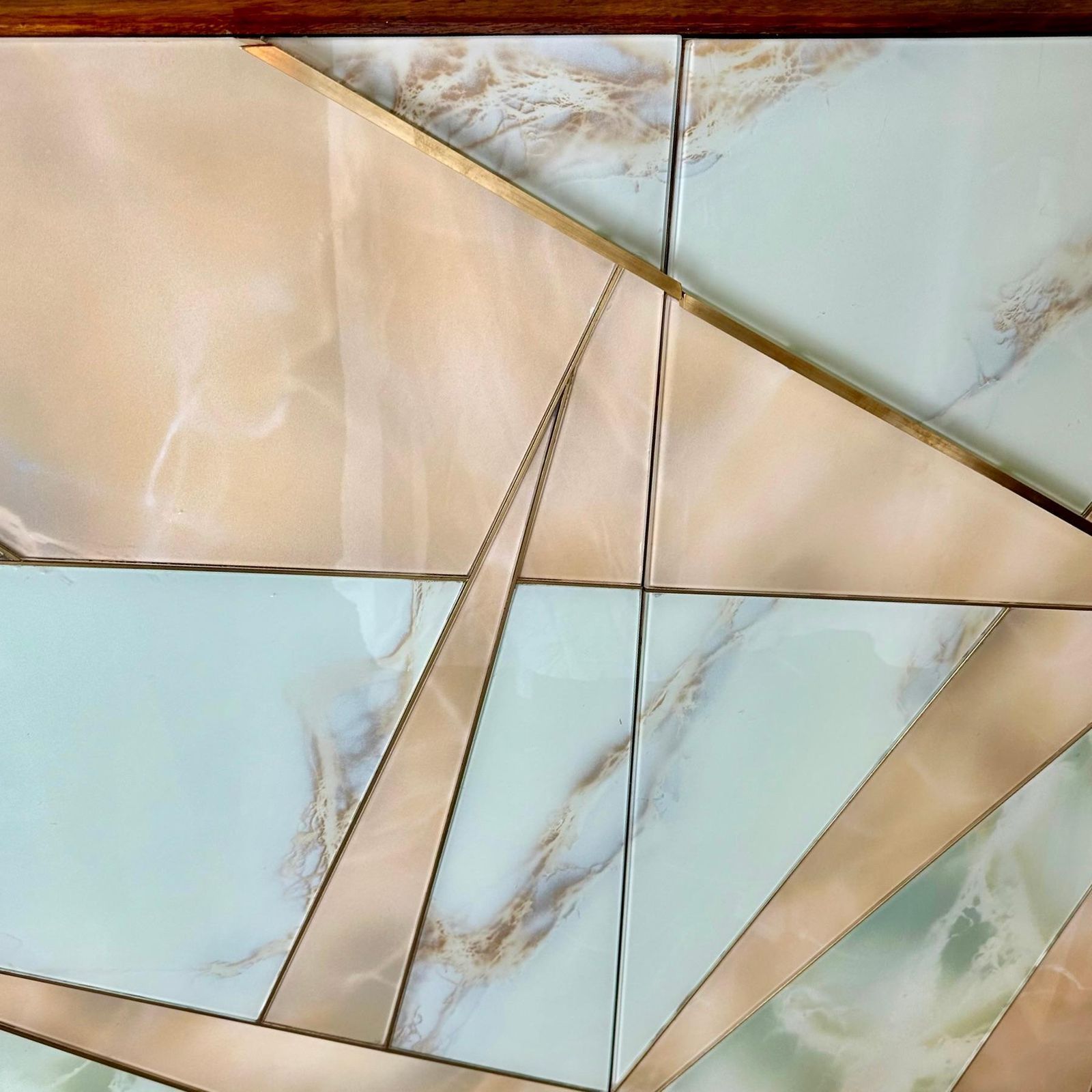 Mid Century Modern Oak Wood, Brass, Mirror & Murano Art Glass Dry Bar Cabinet photo furniture