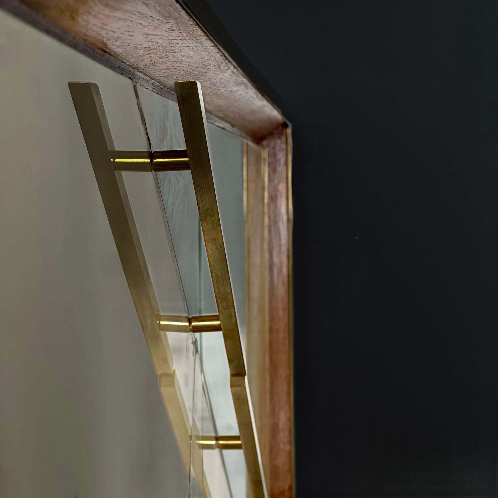 Mid Century Modern Oak Wood, Brass, Mirror & Murano Art Glass Dry Bar Cabinet photo 14462.0