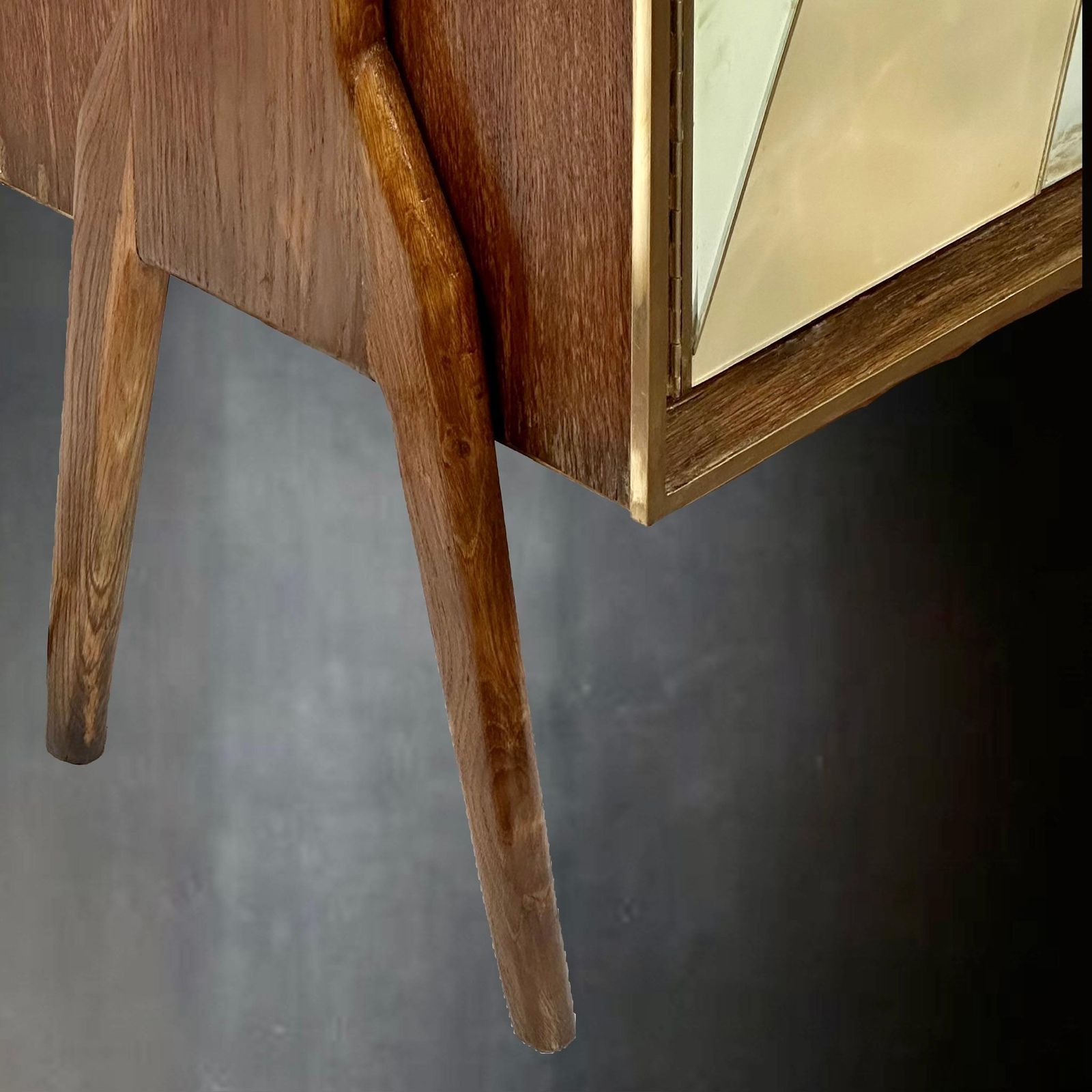 Mid Century Modern Oak Wood, Brass, Mirror & Murano Art Glass Dry Bar Cabinet photo vintage