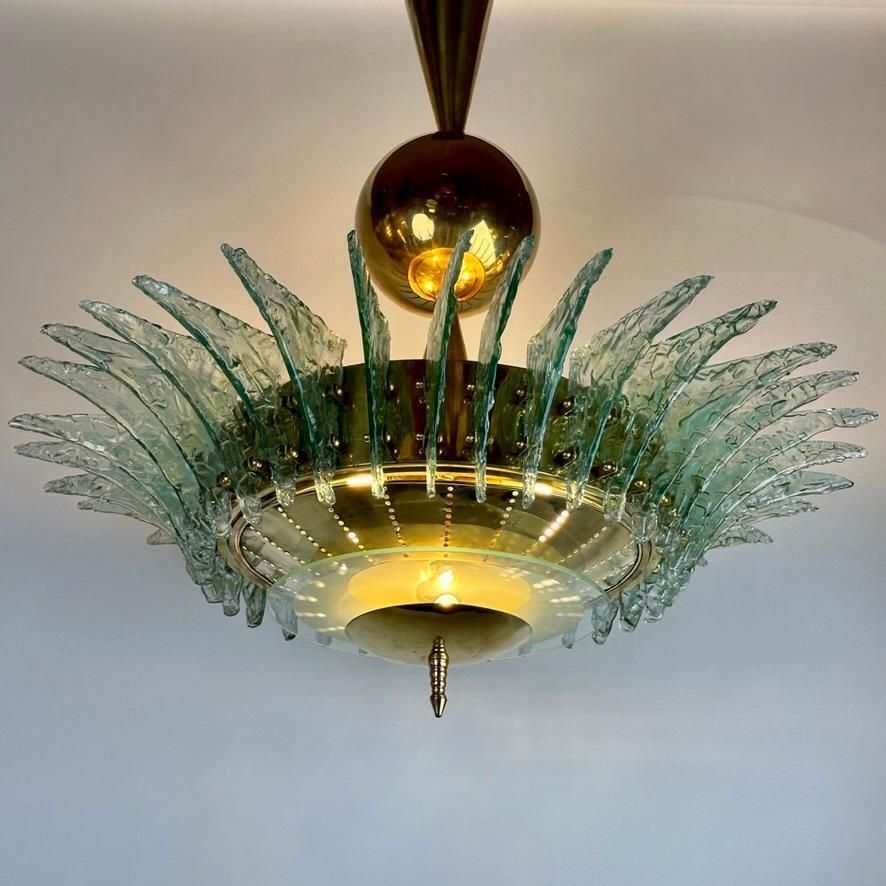 Late 20th Century Round Brass Chandelier W/ Light Green Textured Murano Glasses photo furniture
