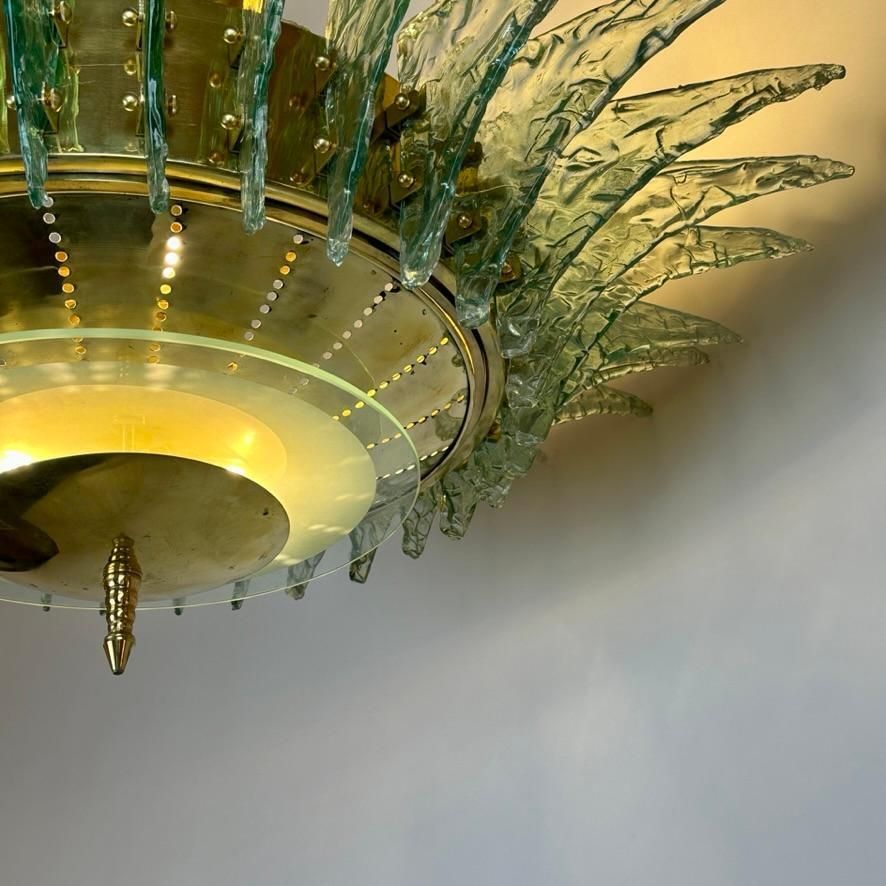 Late 20th Century Round Brass Chandelier W/ Light Green Textured Murano Glasses photo Lighting