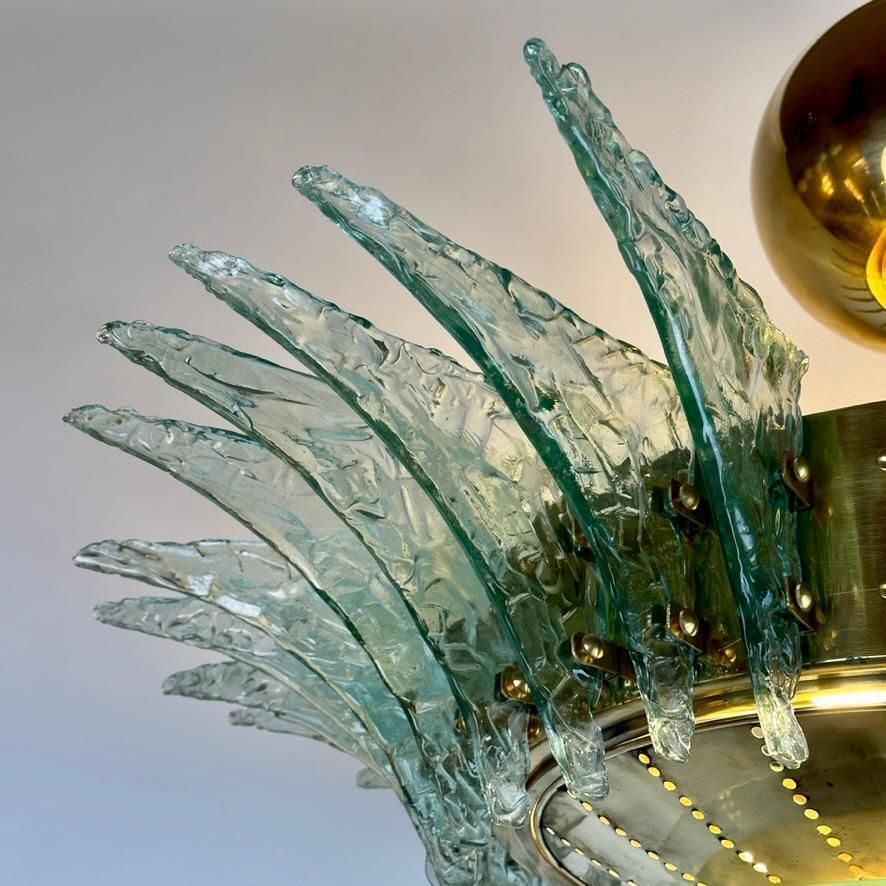 Late 20th Century Round Brass Chandelier W/ Light Green Textured Murano Glasses photo 7656.0