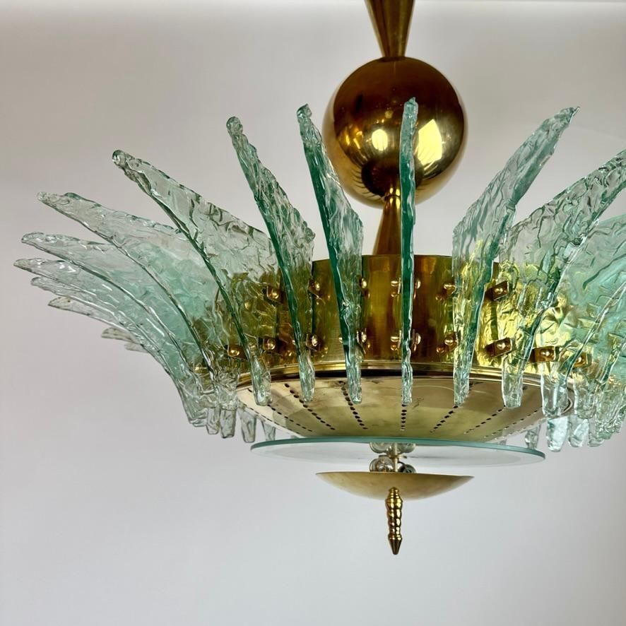 Late 20th Century Round Brass Chandelier W/ Light Green Textured Murano Glasses photo vintage
