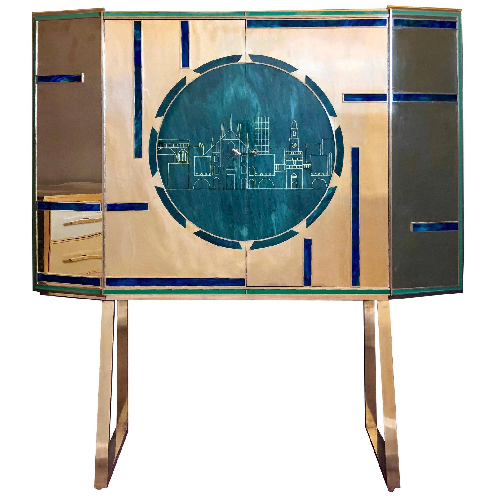 Mid Century Modern Brass, Wood & Engraved Emerald Green Murano Glass Dry Bar