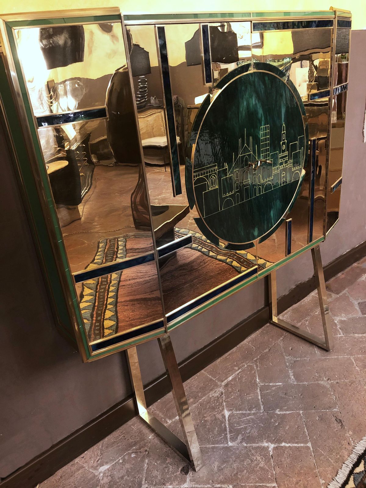 Mid Century Modern Brass, Wood & Engraved Emerald Green Murano Glass Dry Bar photo for sale