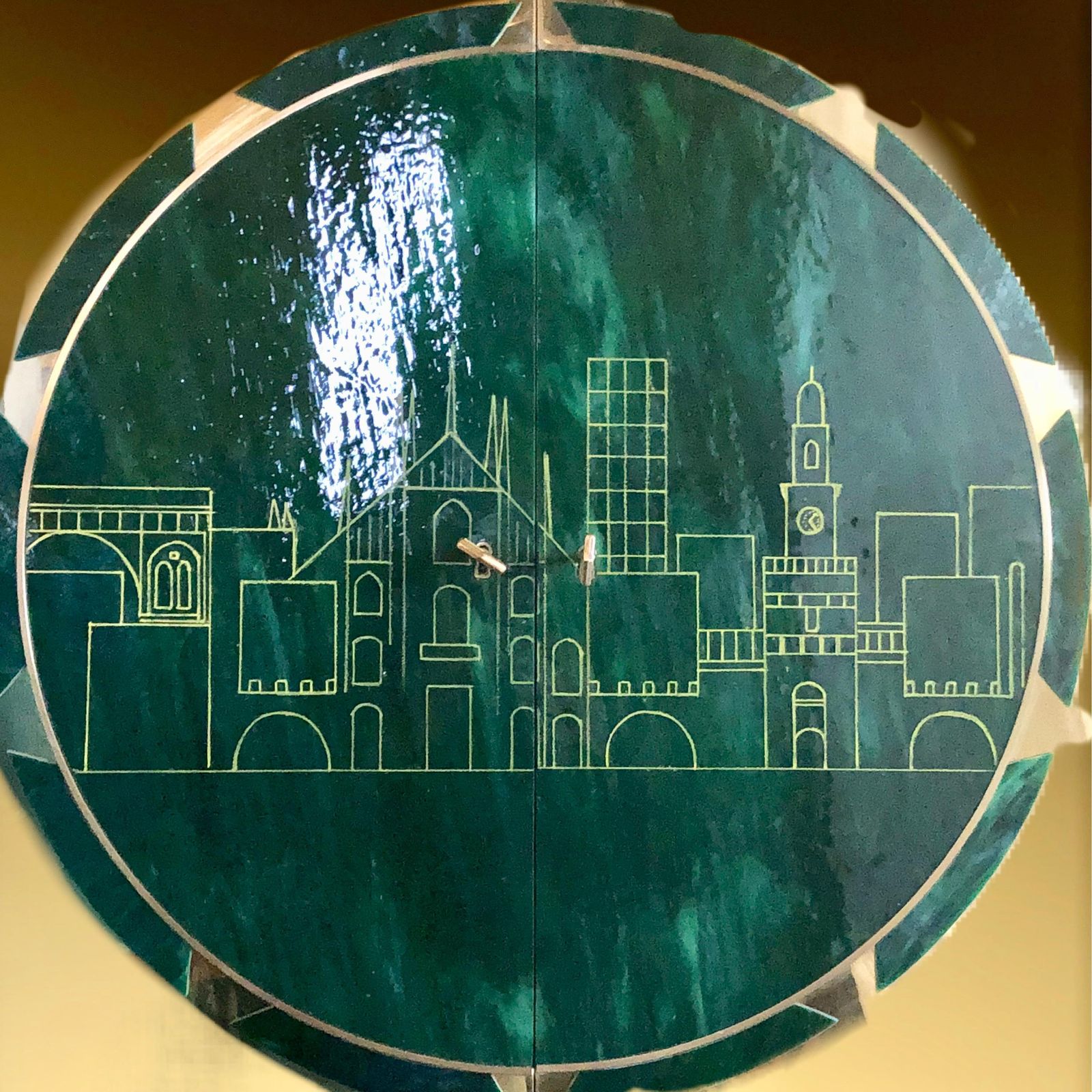 Mid Century Modern Brass, Wood & Engraved Emerald Green Murano Glass Dry Bar photo Furniture
