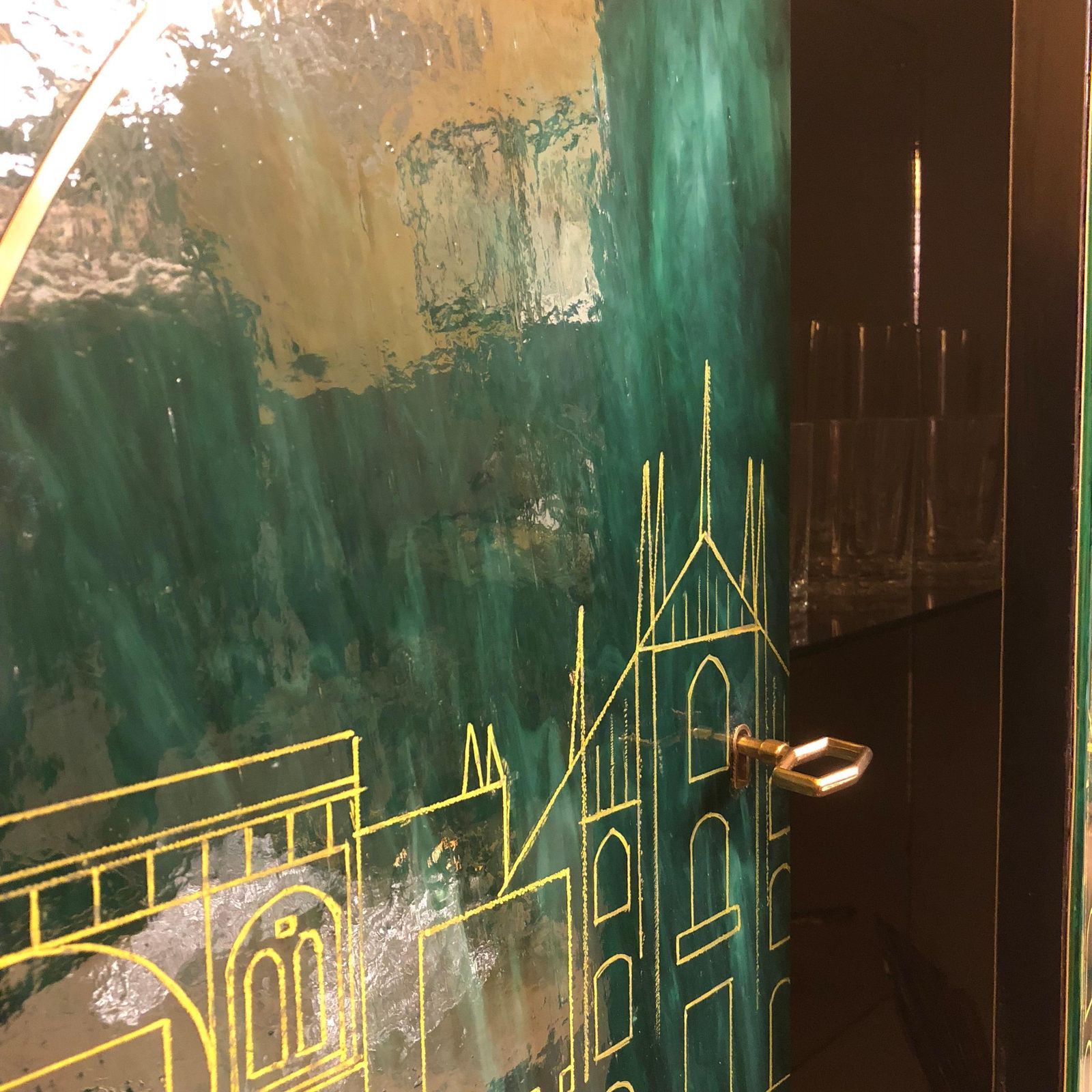 Mid Century Modern Brass, Wood & Engraved Emerald Green Murano Glass Dry Bar photo buy