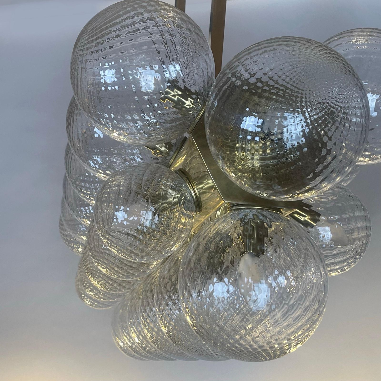 Late20th Century Italian Brass W/ Transparent Murano Art Glass Boules Chandelier photo vintage