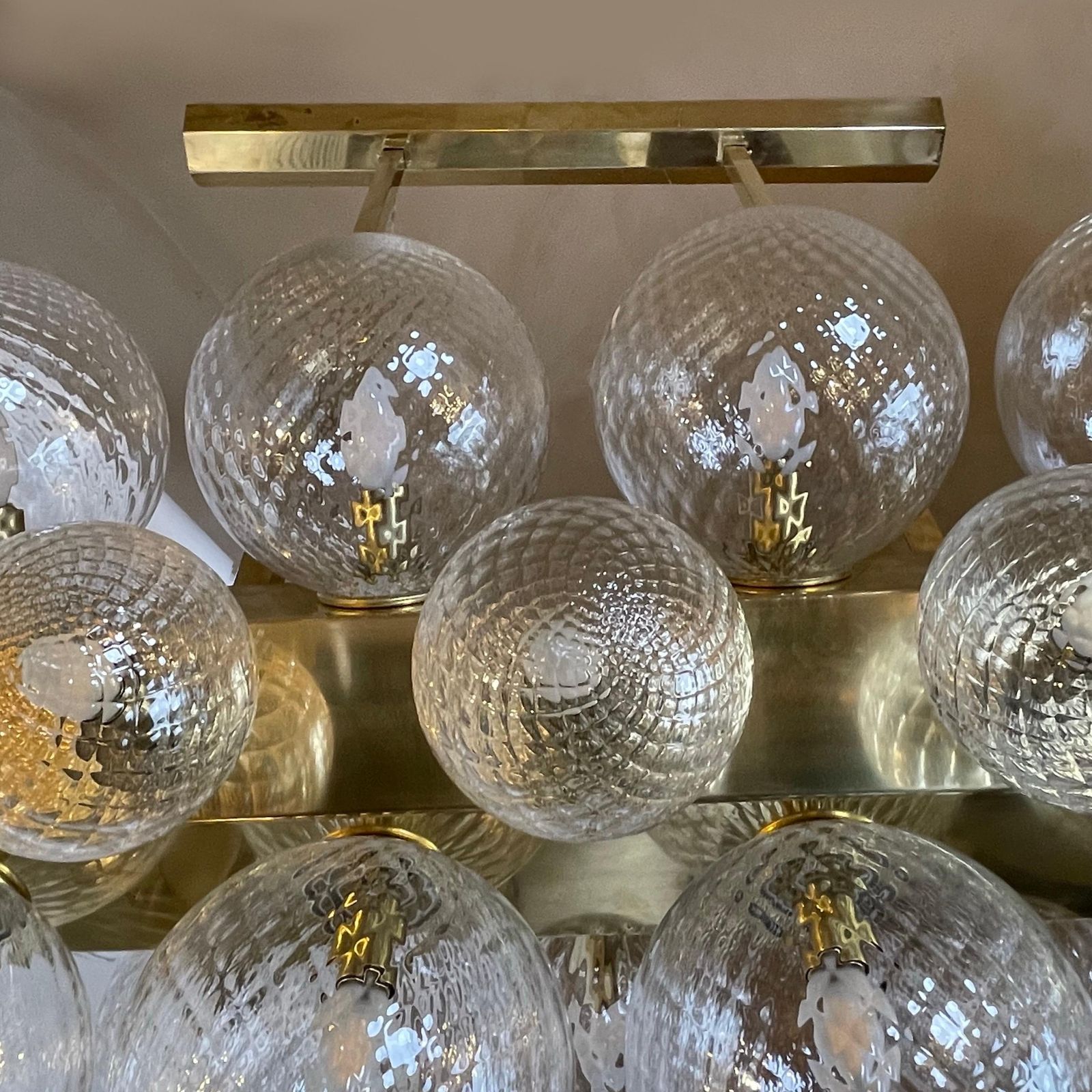 photo for sale Late20th Century Italian Brass W/ Transparent Murano Art Glass Boules Chandelier