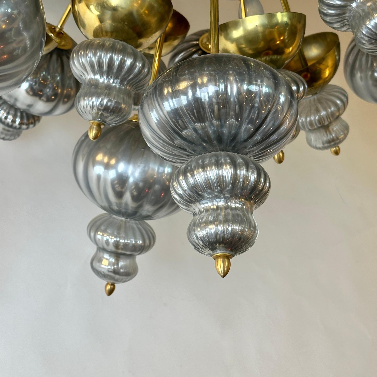 Lighting Late 20th Century Silver Blown Murano Glass Elements & Brass Sputnik Chandelier photo
