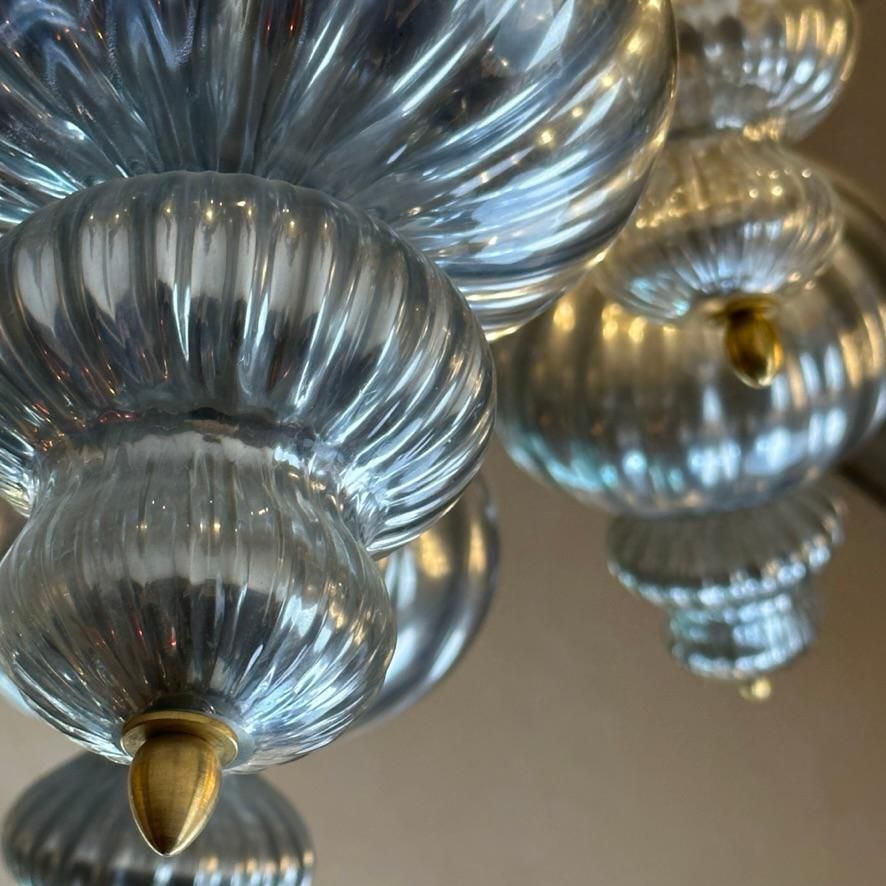 13610.0 Late 20th Century Silver Blown Murano Glass Elements & Brass Sputnik Chandelier photo