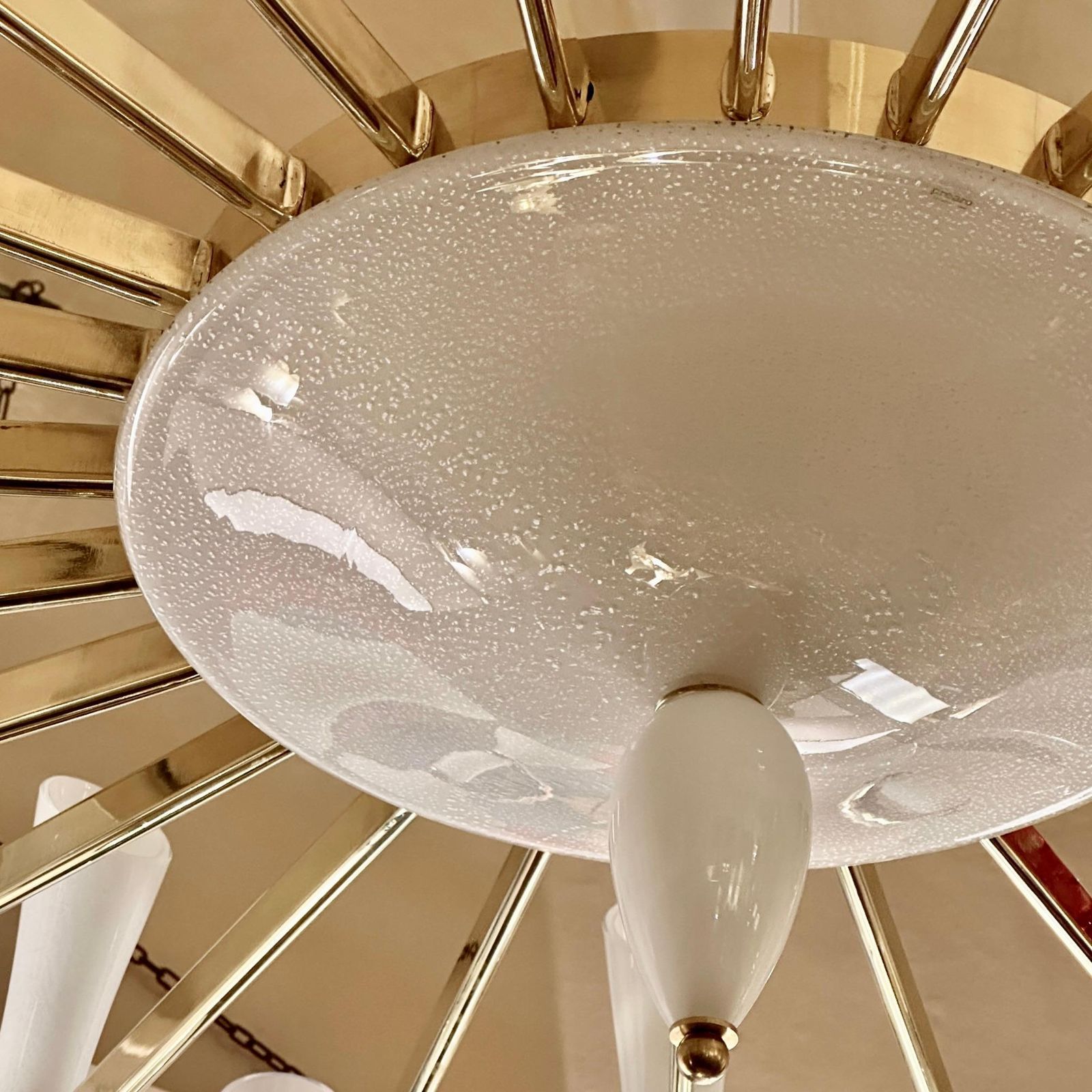 photo for sale Late 20th Century White Murano Blown Glass & Brass Large Round Chandelier