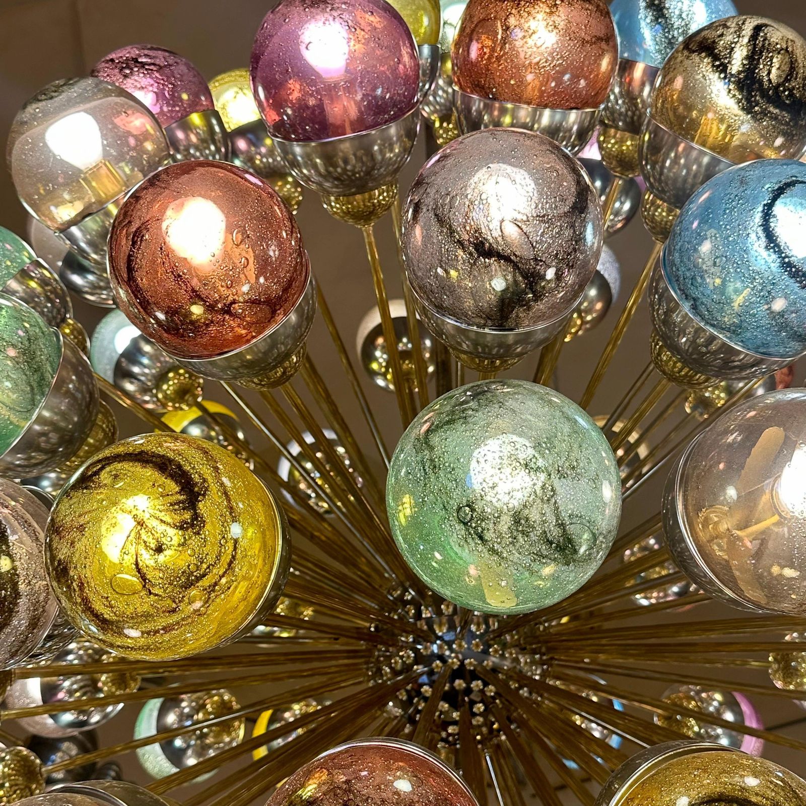 Late 20th Century Nickel & Brass Sputnik Chandelier W/ Murano Art Glass Boules photo for sale