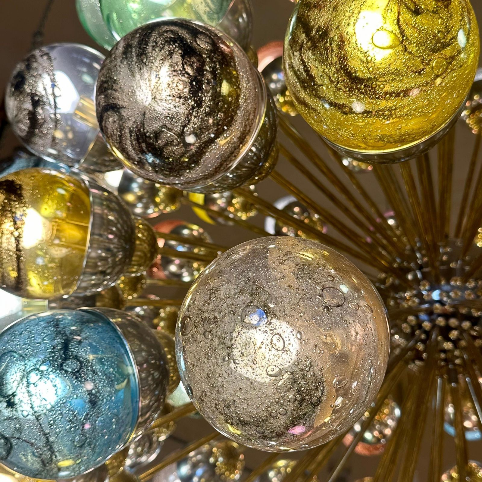 Late 20th Century Nickel & Brass Sputnik Chandelier W/ Murano Art Glass Boules photo Lighting