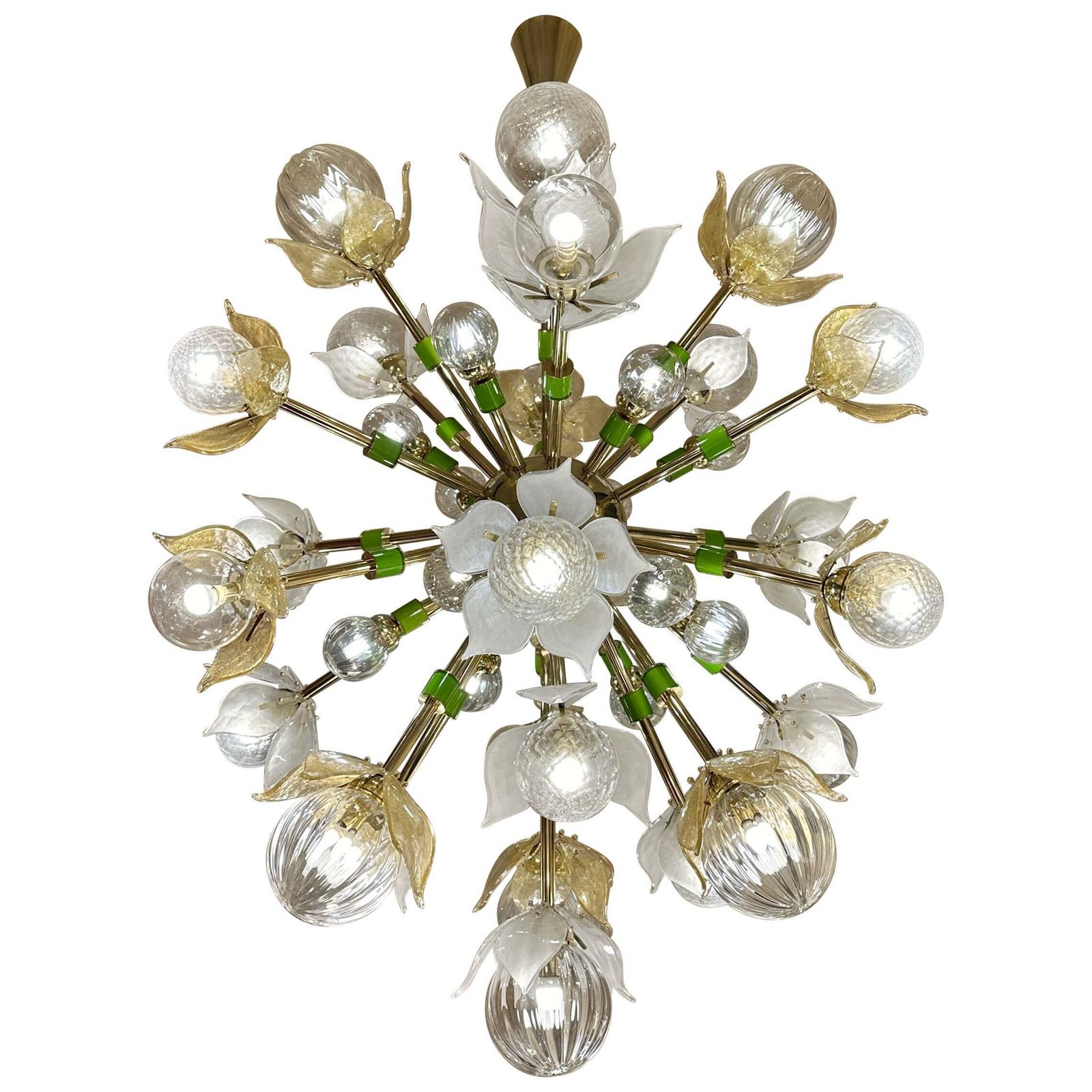 "Flower Power" Brass Sputnik Chandelier W/ Murano Art Glass Boules And Petals