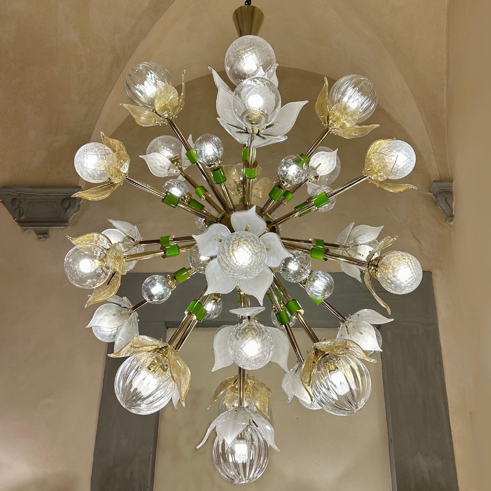 "Flower Power" Brass Sputnik Chandelier W/ Murano Art Glass Boules And Petals photo furniture