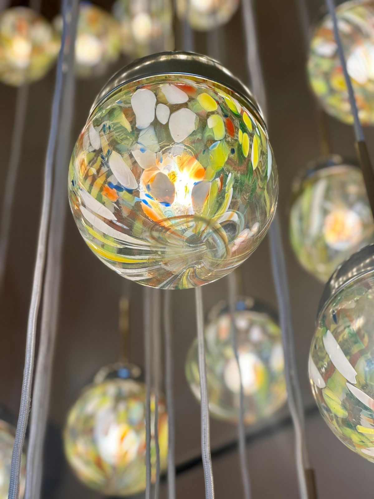 Late 20th Century Chrome, Brushed Steel, Brass & Murano Glass Cascade Chandelier photo vintage